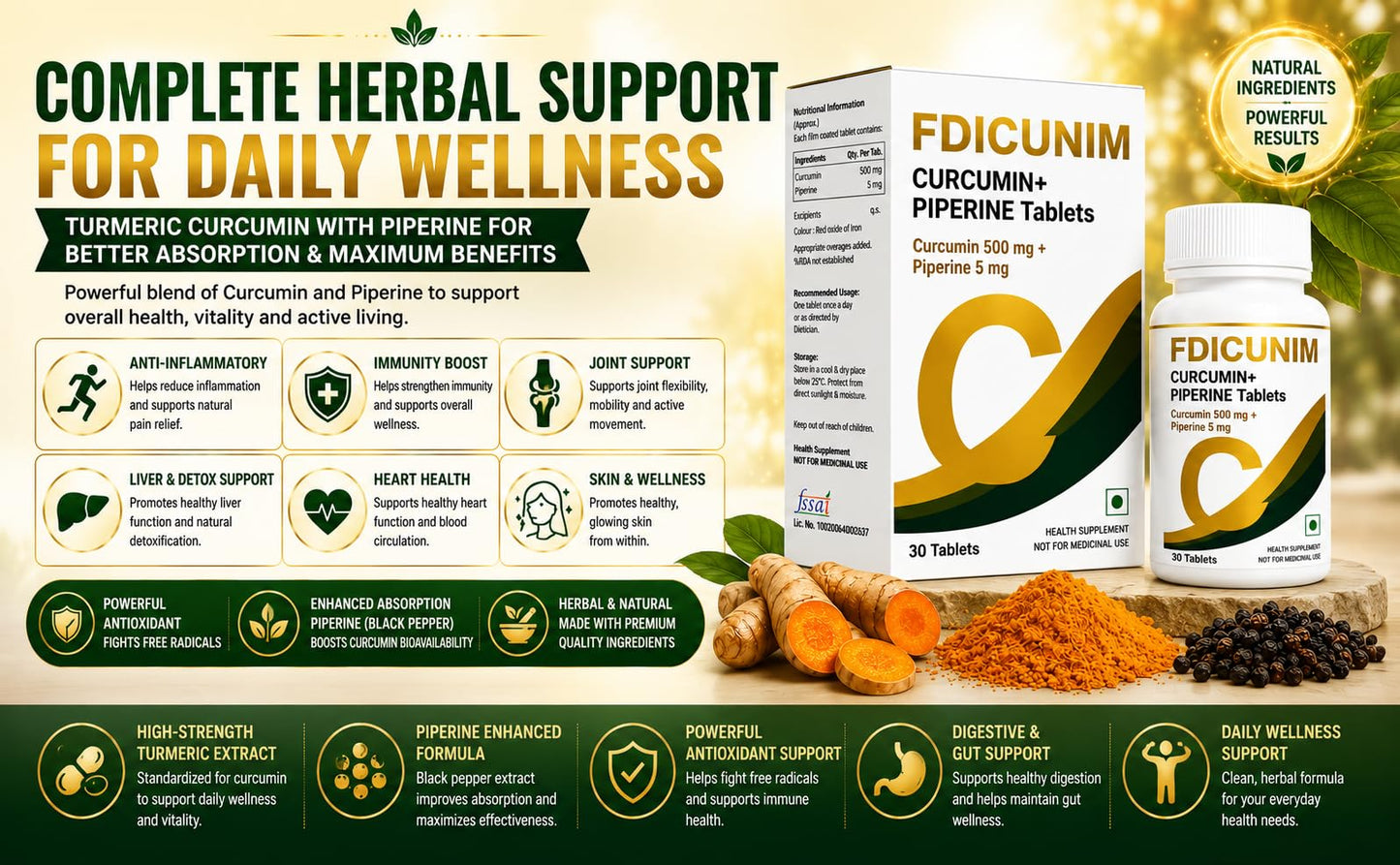 Docttray Fdicunim Curcumin, Piperine Tablets with Turmeric, Black Pepper Extract | Advanced Absorption and High Bioavailability Formula | 30 Tablets