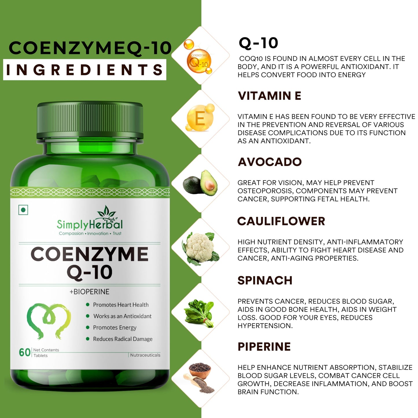 Simply Herbal CoQ10 Natural Coenzyme Q10 Tablets 200mg with Bioperine Antioxidant Supplements, Provide Superior Absorption, Supplement for Heart Health and Energy Metabolism - 60 Tablets