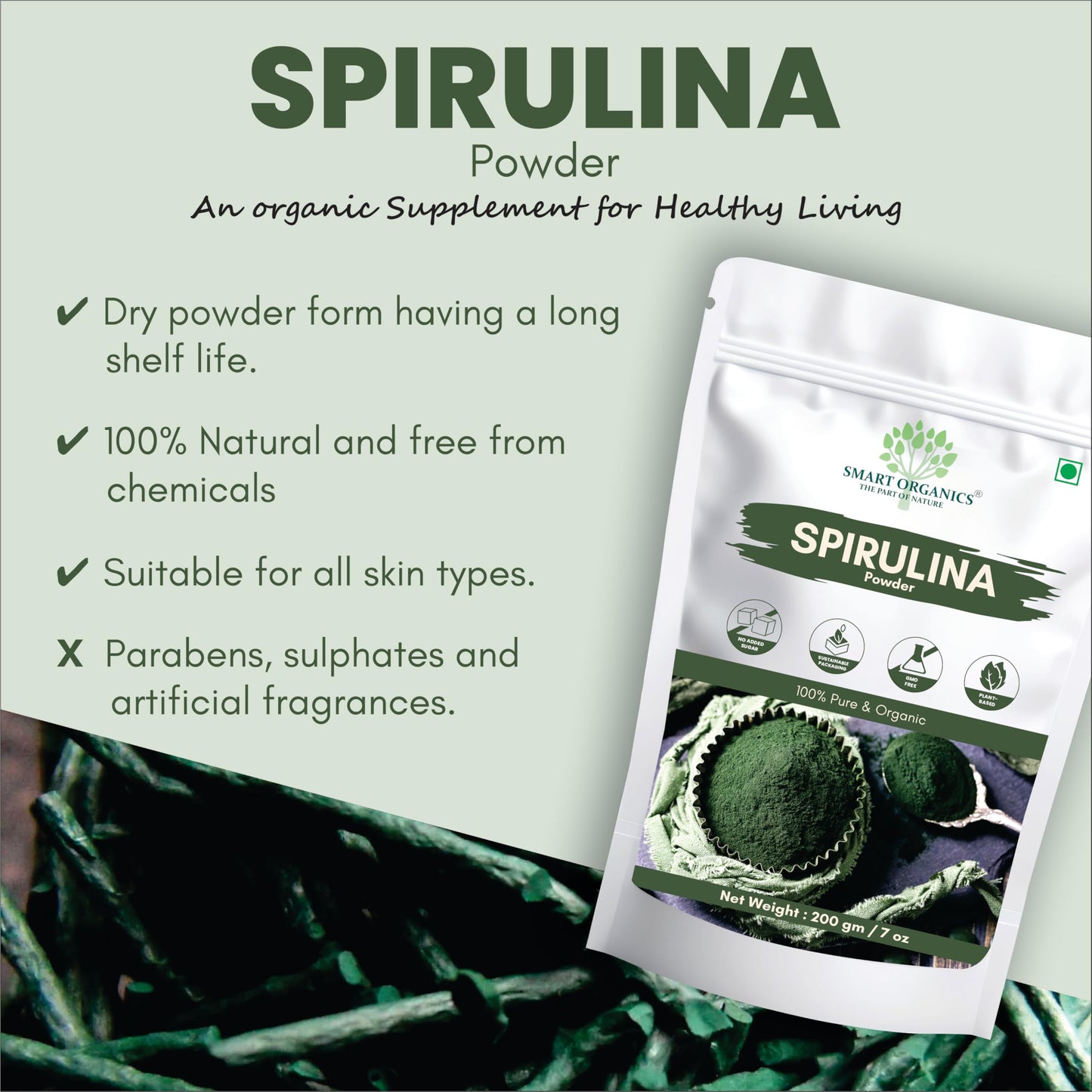 SMART ORGANICS Spirulina Powder Herbal Nutrition Plant Based Algae Vegan & Gluten-Free Superfood for Daily Wellness Energy Support Immunity Detox and Balanced Diet (200gm)