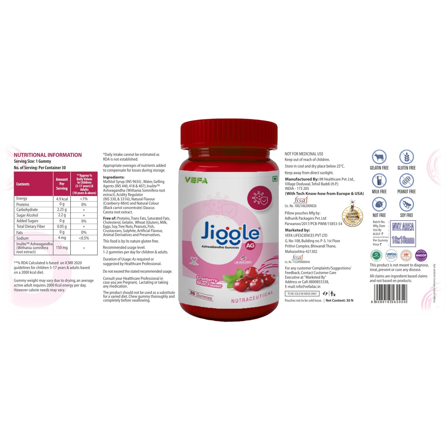 Jiggle AG Ashwagandha Gummies I Stress Relief Adoptogen Ashwagandha I Aswagandha Root Extract I Energy Boost I Immunity I Mood I No Added Sugar I Cranberry-Mint Flavour I 30 Gummies