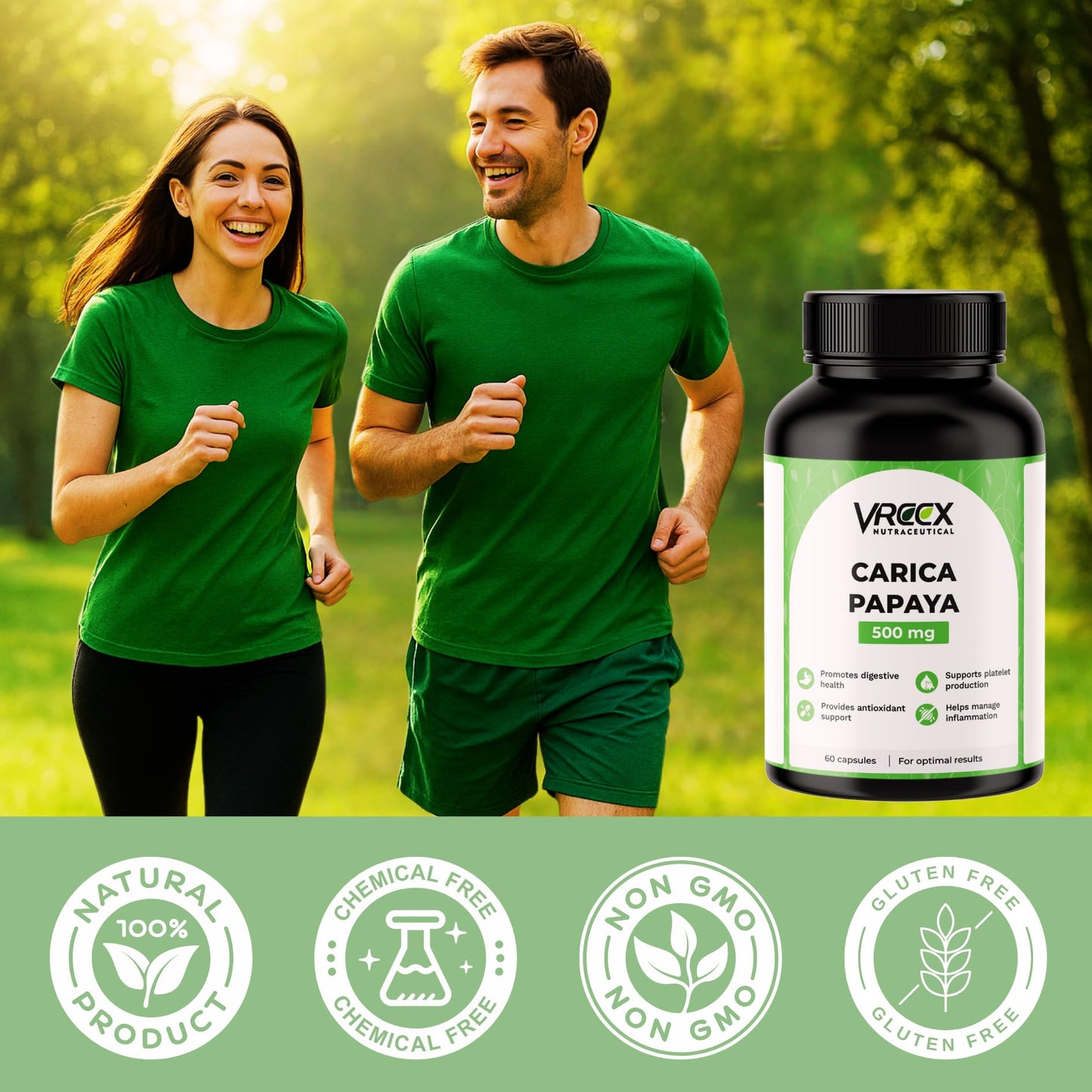 VREEX Carica Papaya Leaf Extract 500 mg – Supports Healthy Platelet Function, Immunity & Digestion – Natural Herbal Supplement (60 Capsules)