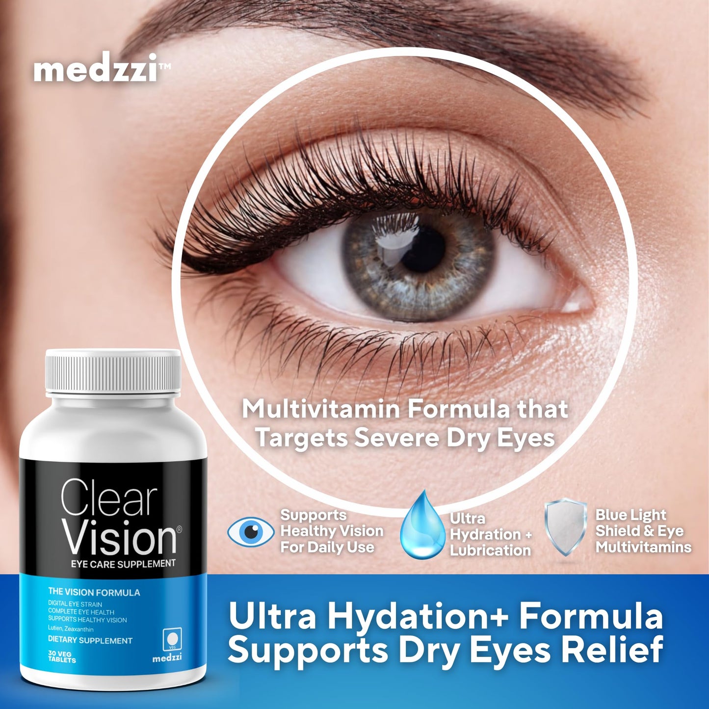 Medzzi Clear Vision Eye Care Tablets | Lutein, Zeaxanthin, Bilberry, Astaxanthin | Digital Eye Strain, Dry Eyes & Blue Light Support | Daily Eye Multivitamin | 30 Veg Tablets