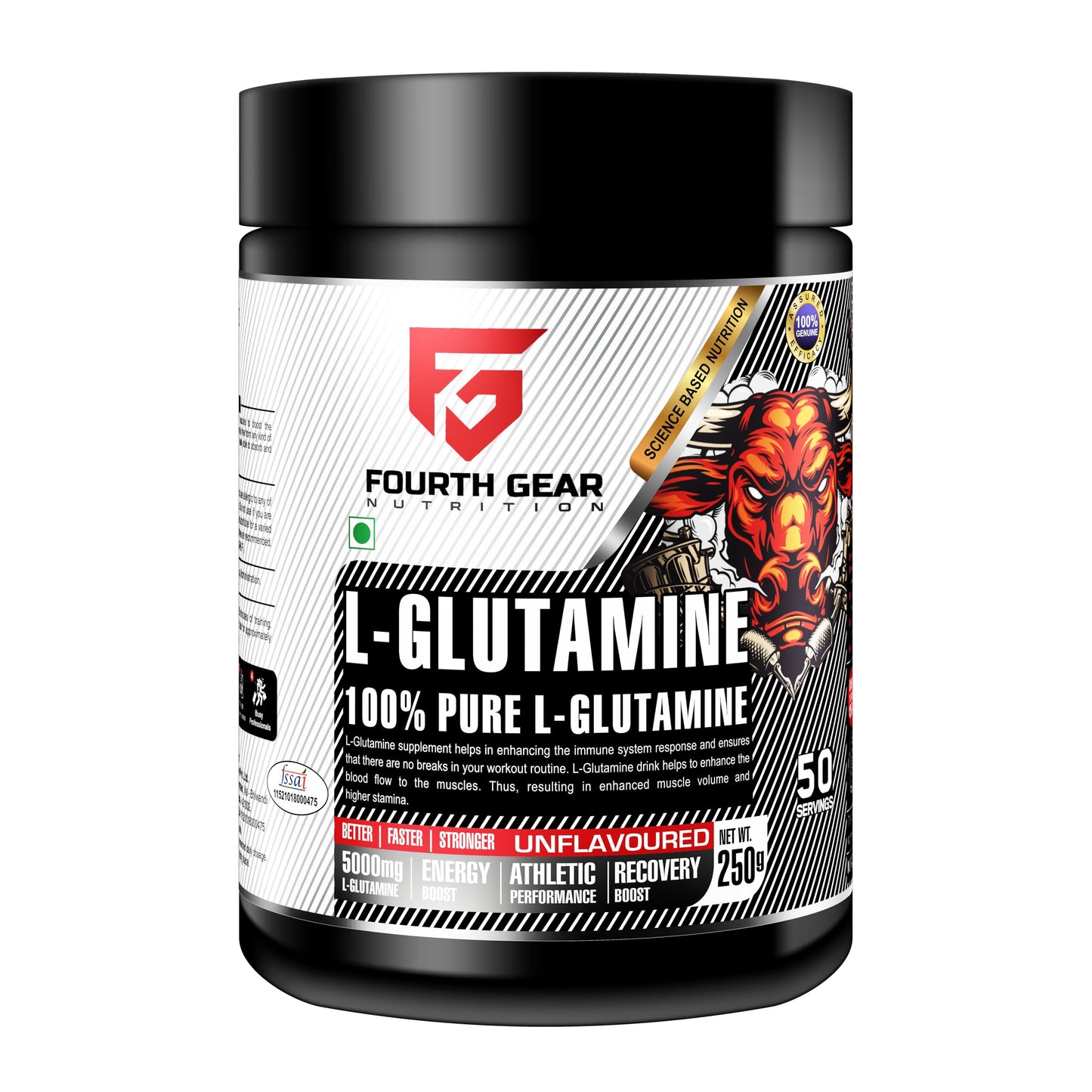 FOURTH GEAR L-Glutamine 100% Pure Micronized | 5000mg per Serving | Unflavoured Muscle Recovery, Energy & Performance Supplement | 250g (50 Servings) | Vegetarian