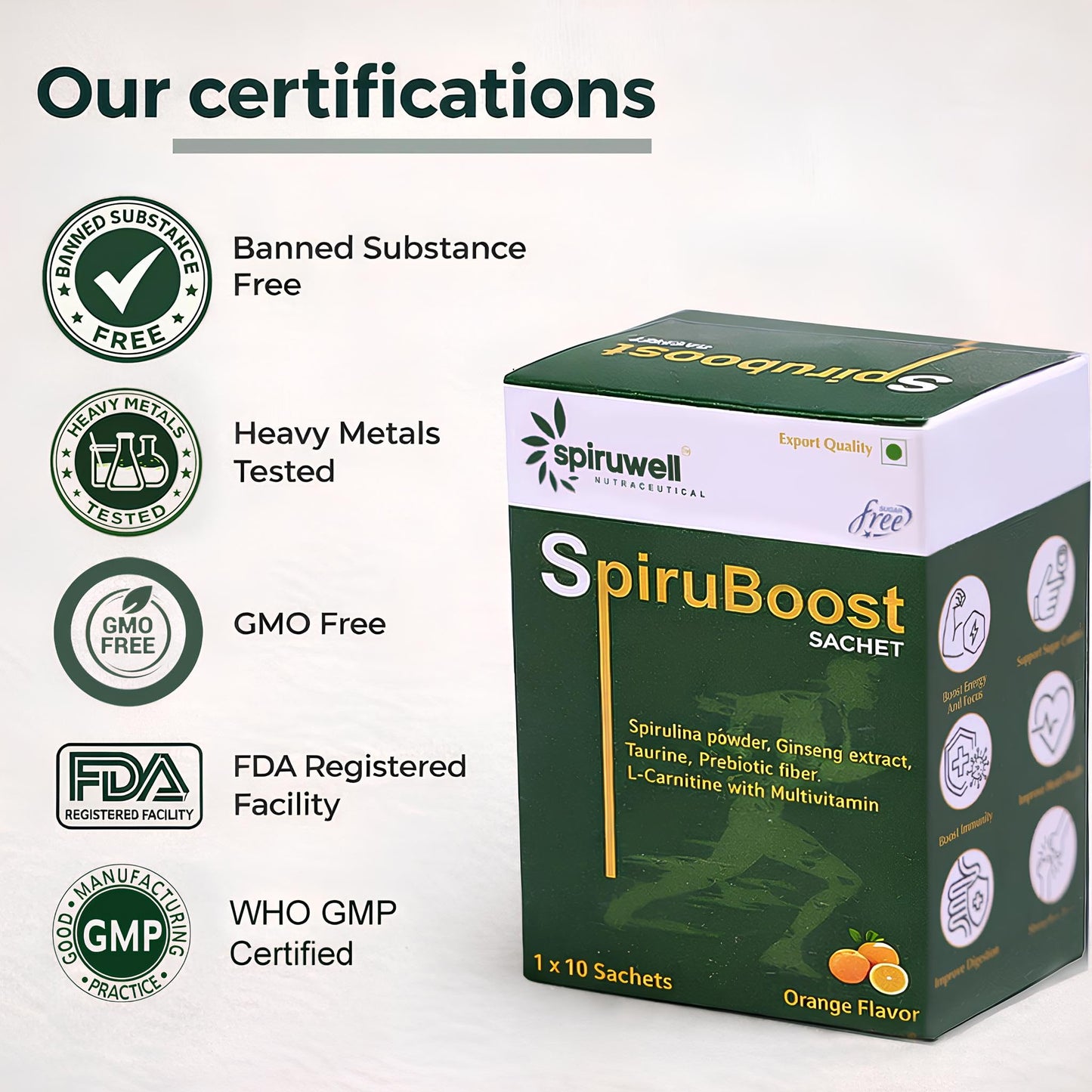 SpiruBoost Daily Energy & Immunity Drink | Herbal Supplement | Orange Flavored | Sugar-Free | Plant-Based | Protein + Electrolytes | 5g Sachet (pack of 1)