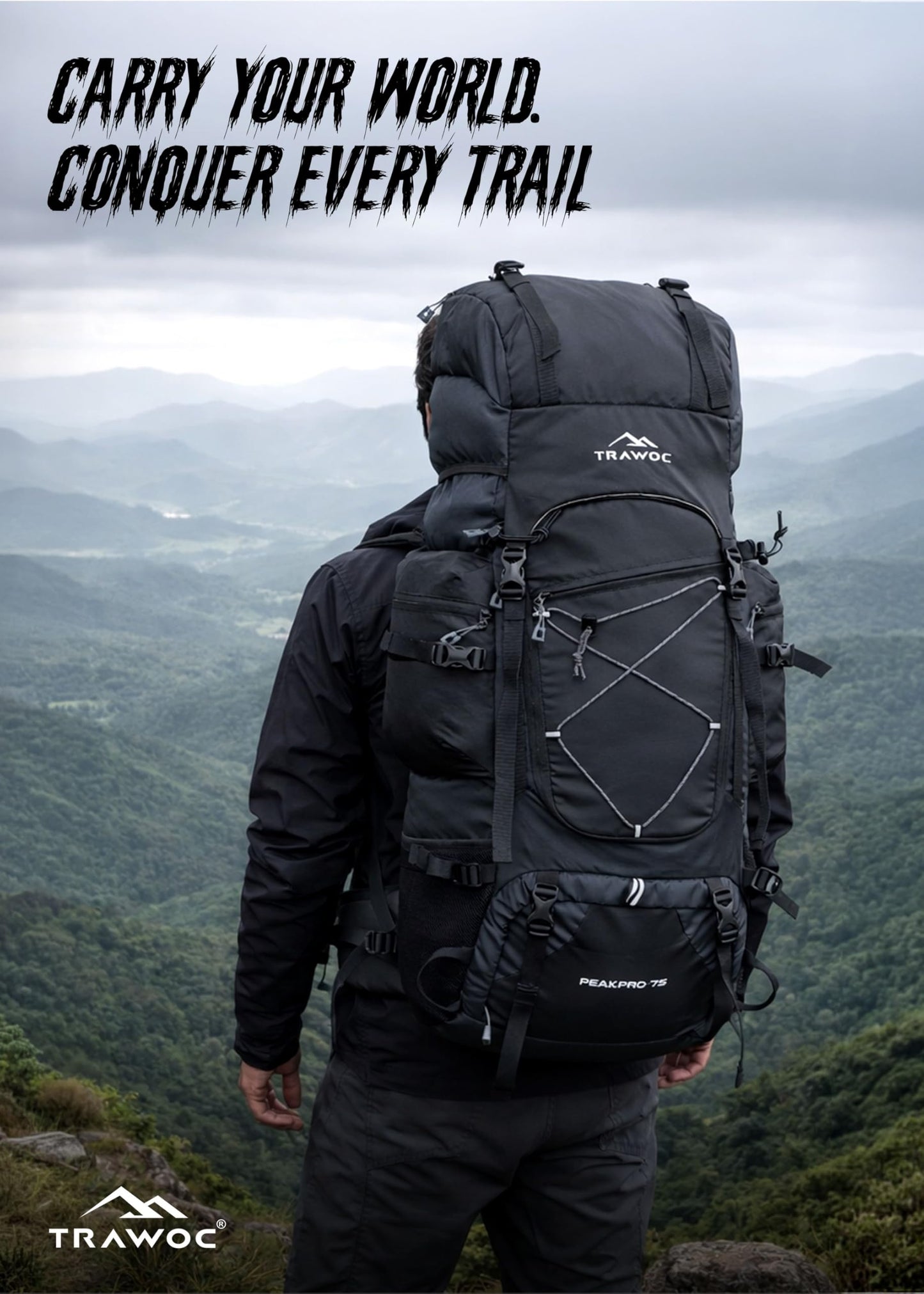 TRAWOC PEAKPRO 75 Liter Travel Backpack for Hiking Trekking Bag Camping Rucksack with Laptop Compartment/Rain Cover/Shoe Compartment BHK002, 3 Year Warranty, Black