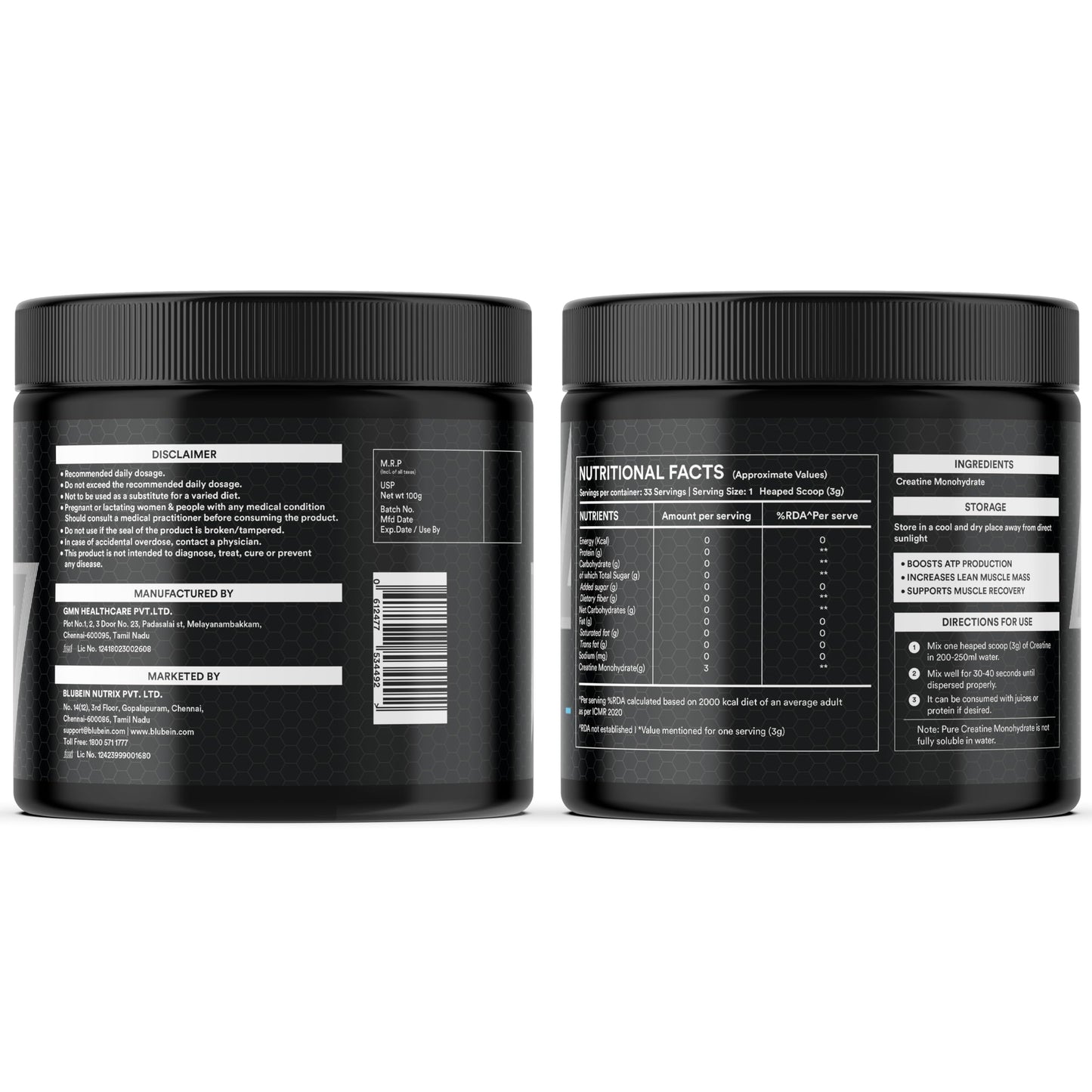 Blubein Micronised Creatine Monohydrate for Men & Women | Supports Lean Muscle Growth, Faster Recovery & Cognition | Unflavoured | 100g, Pack of 1