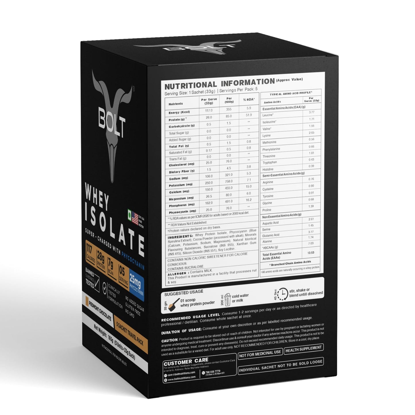 Bolt 100% Whey Protein Isolate Powder | 5 Sachet Travel Pack (5×33g) | Piedmont Chocolate | 28g Protein per Serving | 7g BCAA | Muscle Support & Recovery | No Added Sugar | Gluten-Free | Easy to digest
