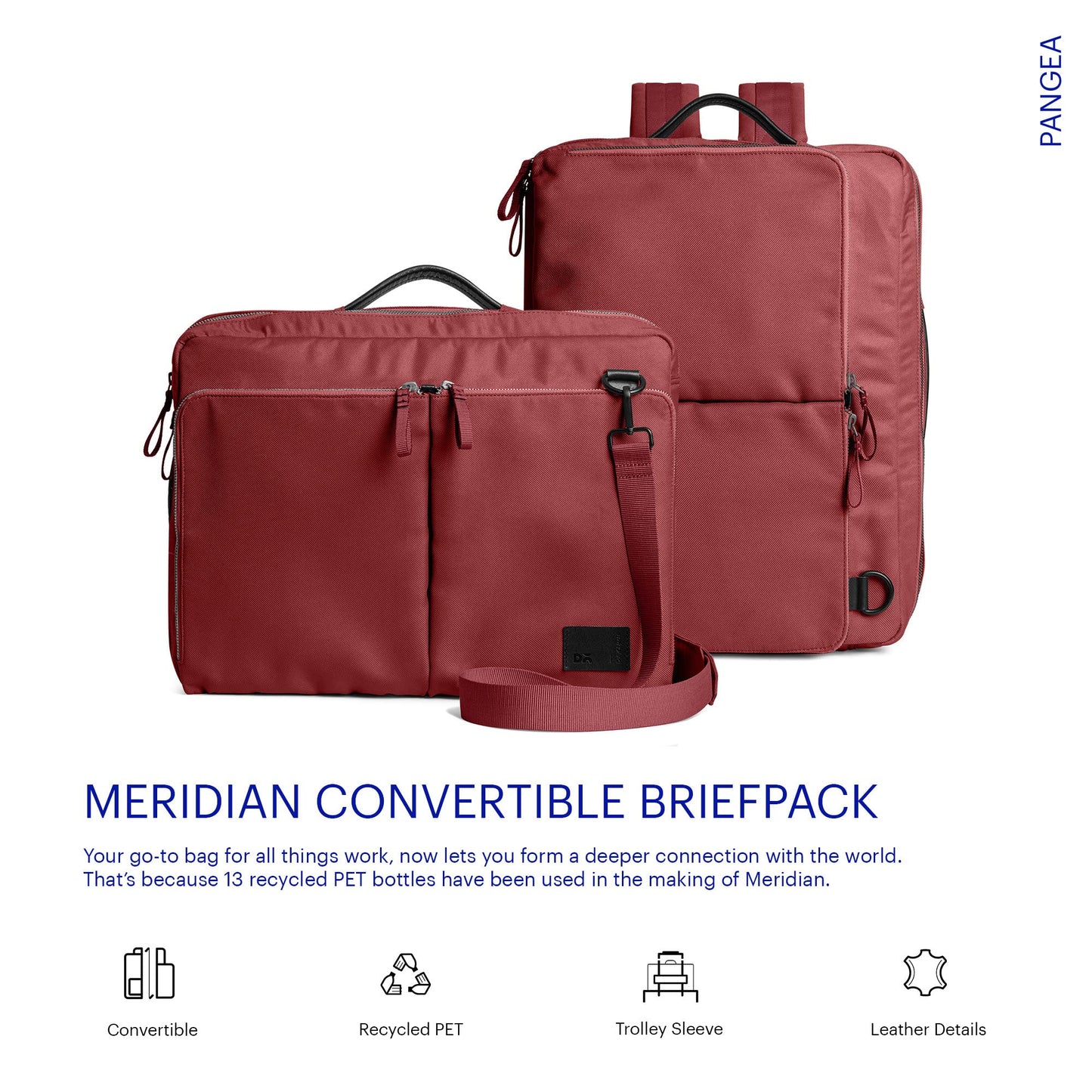 DailyObjects PET Red Clay Meridian Convertible Briefpack (Backpack + Briefcase) (16L)| 100% Recycled | Fits Laptop Upto 16 Inch | Lightweight Shoulder Backpack | Multiutility Bag with Trolley Sleeve
