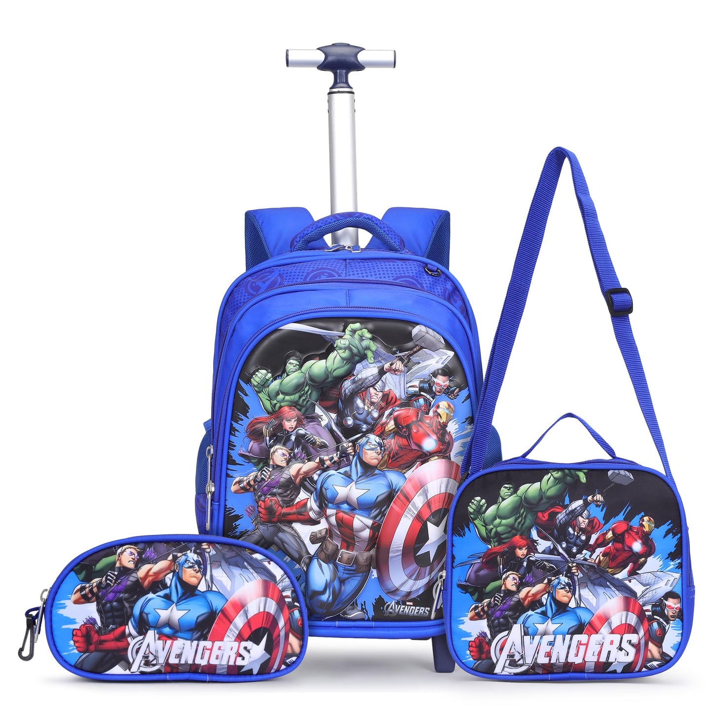 NOVEX Marvel Avengers Kids 17 Inch School Backpack Combo Set - Lunch Box Bag & Stationery Pouch | Trolley Bag with 2 Wheels | Durable Polyester Carry-on Travel & School Bag for Boys - Blue