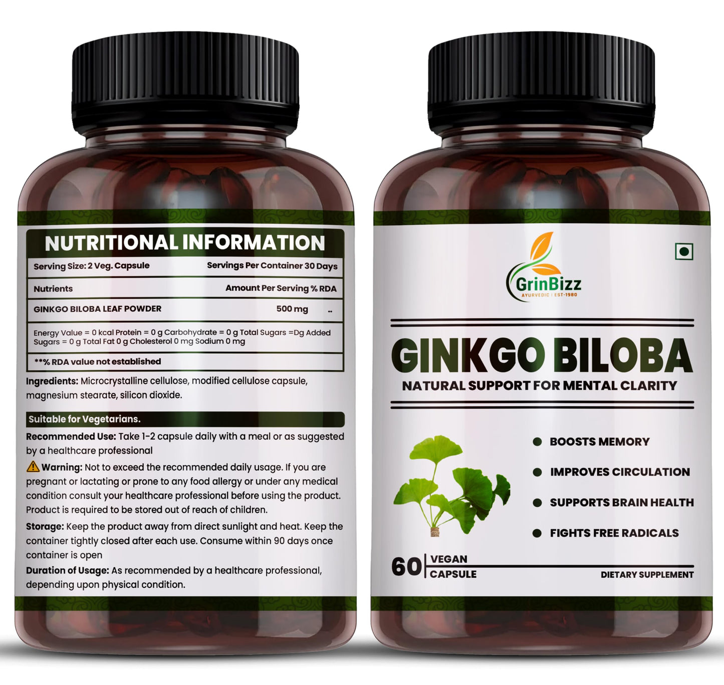 Grinbizz Ginkgo Biloba Capsules | Supports Memory, Focus & Brain Health | Improves Circulation & Mental Clarity | Antioxidant Herbal Supplement | 60 Capsules