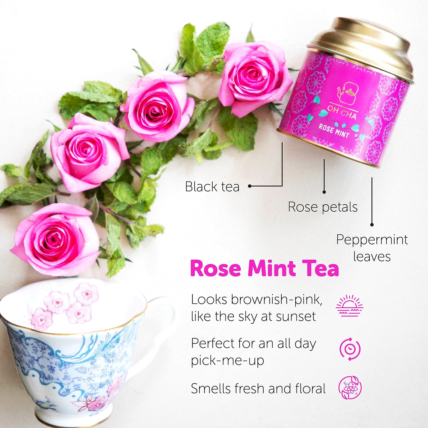 OH CHA - Rose Tea With Mint | 100gms, Herbal for Weight Loss | Natural Rose Petals and Peppermint Leaves | for Healthy Skin & Hair | 100% Whole Leaf