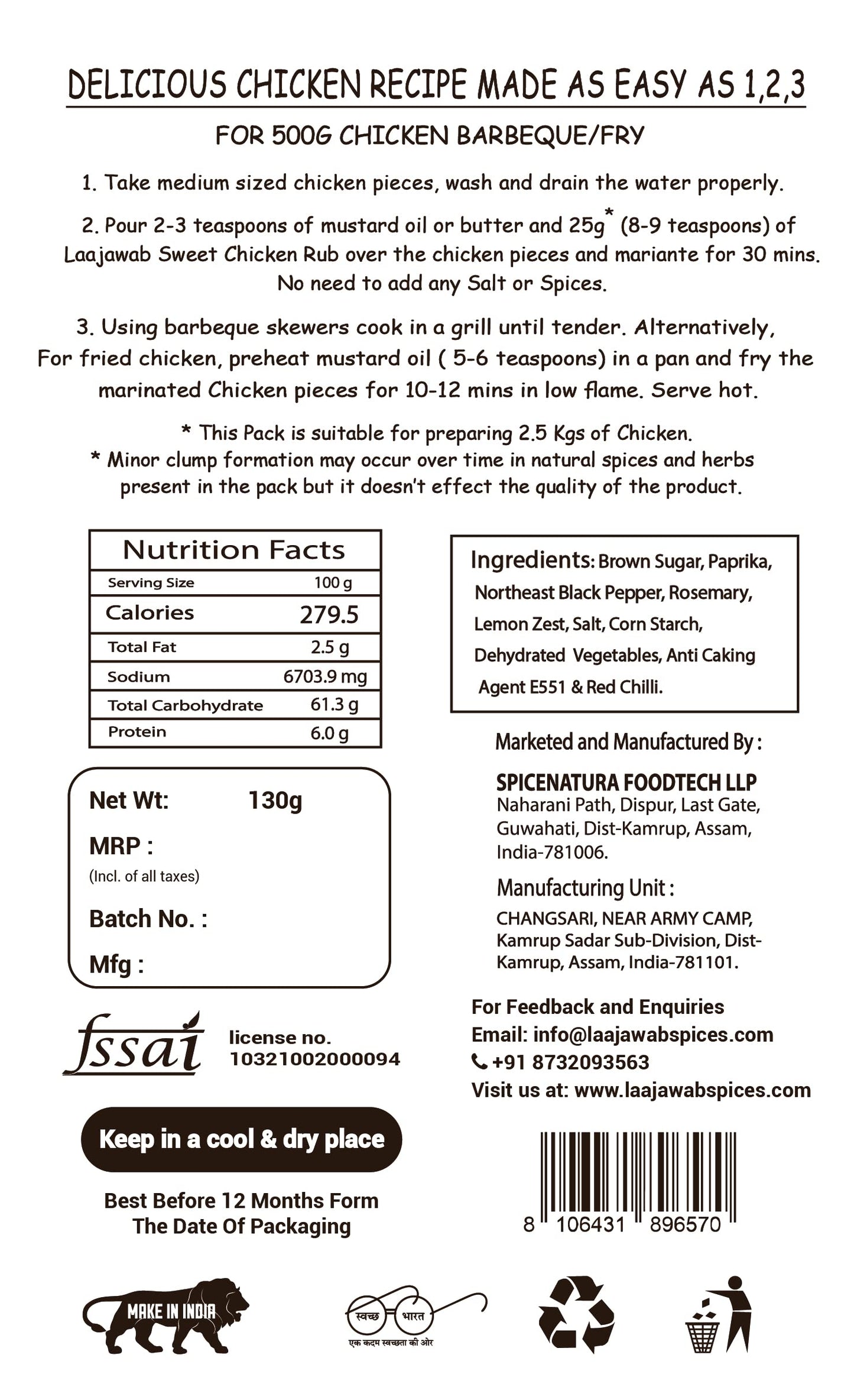 Laajawab All-In-One Natural Tangy Marinade With Robust Blend Of Lemon Pepper, Garlic, Onion & Rosemary For Easy Cooking Bbq/Tandoori/Grill/Fry/Gravy | Perfect For Marinating Chicken Breasts, 130 Gm