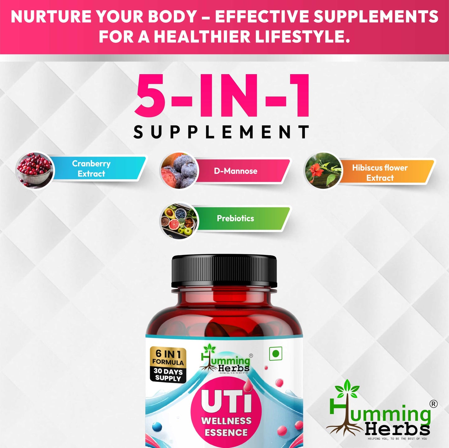 Humming Herbs UTI Wellness Essence 1100mg - Advanced 8-in-1 Urinary Tract Support Formula with Cranberry, D-Mannose, & Probiotics - Promotes Bladder Health & Immunity