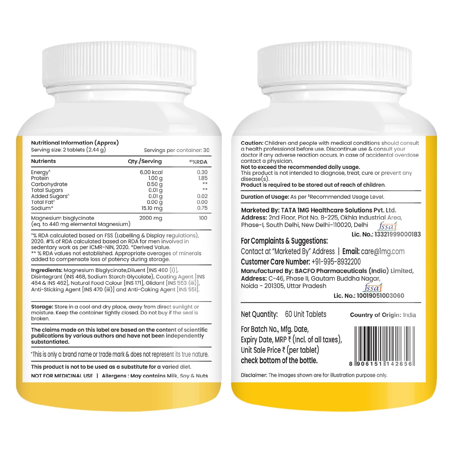 Tata 1mg Magnesium Glycinate Tablets |2000mg | High Absorption Chelated form for Muscle Recovery, Sleep & Nerve Health | 2000mg Per Serving – 60 Veg Tablets