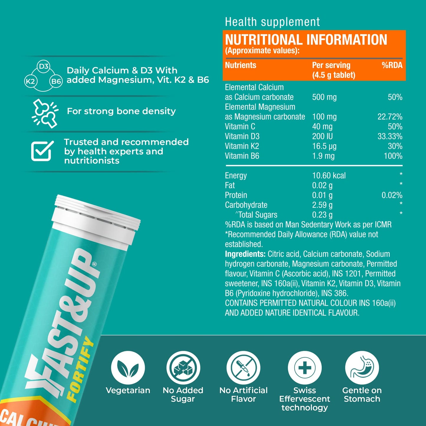 FAST&UP Fortify - Calcium with Essential Vitamin D3 for Complete Health Support - Vitamin D3, Calcium & Magnesium Combination (20 Effervescent Tablets, Orange Flavour), 1 count, 20 capsules