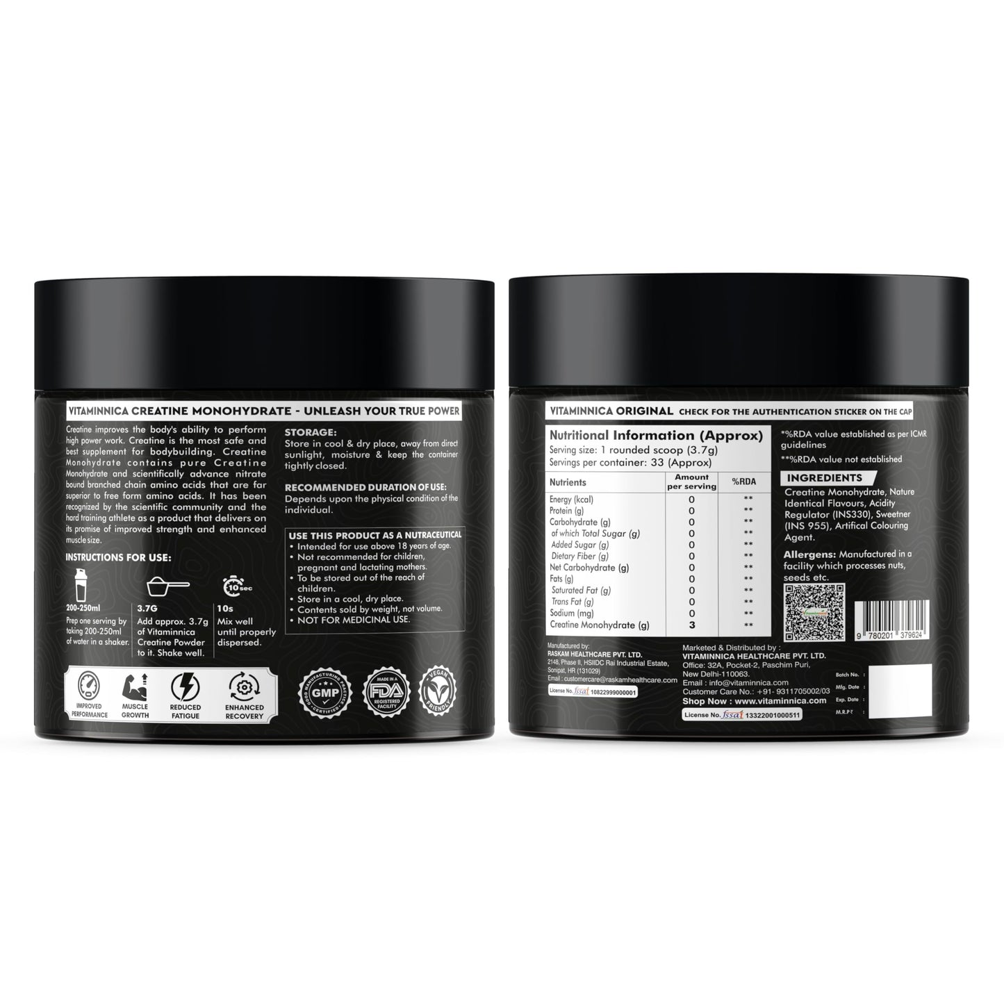 Vitaminnica Creatine Monohydrate Powder for Muscle Strength, Power & Performance | 100% Pure Micronized Creatine | Faster Recovery | 122g | For Men & Women | Pre/Post Workout Supplement