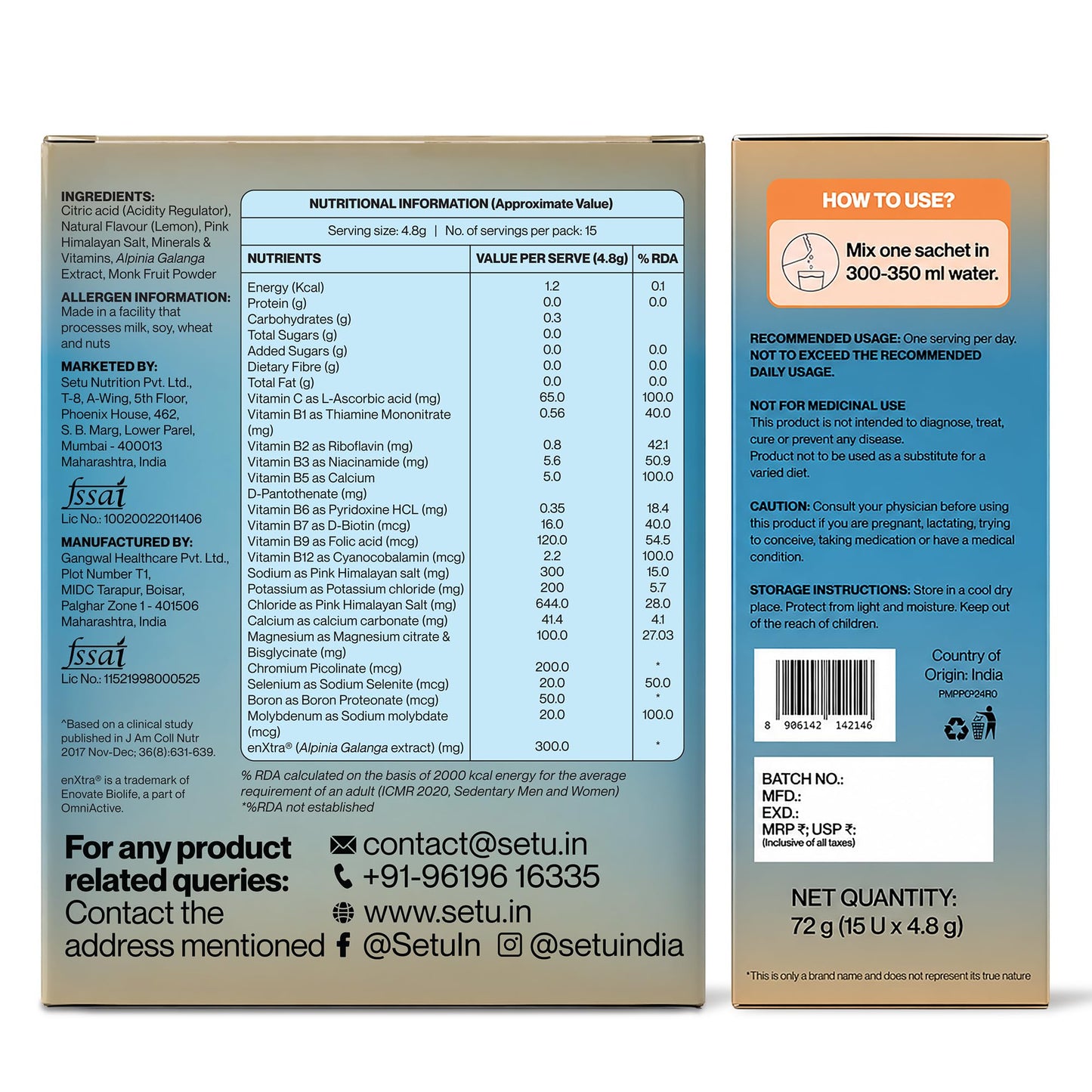 Setu Boost Hydration + Energy Electrolyte Powder Sachets with No Caffeine | Enriched with enXtra® | Masala Lemonade Flavor | Pack of 4 | 60 Sachets