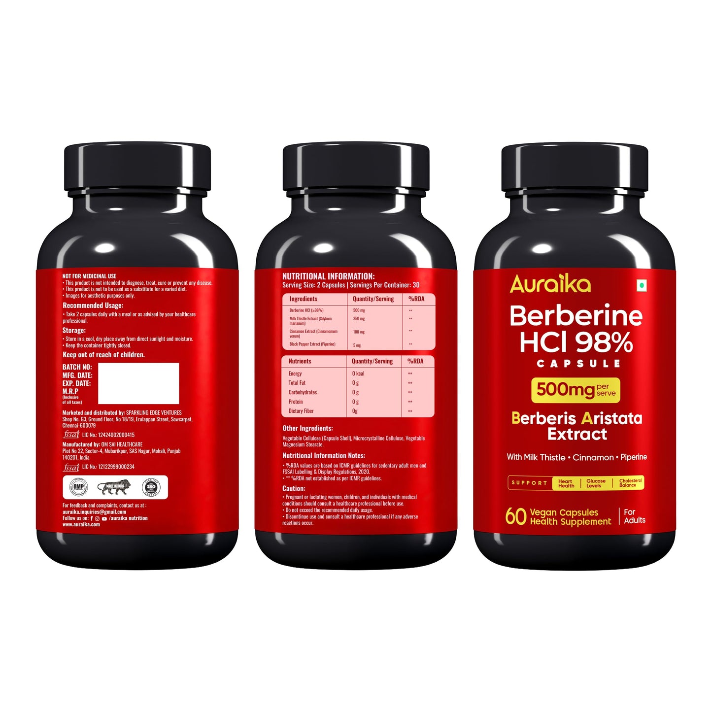 Auraika Berberine HCl 500mg Capsules | Berberine Supplement with Milk Thistle, Cinnamon & Black Pepper Extract | Supports Healthy Blood Sugar Levels, Liver Function & Weight Management | 60 Vegan Capsules
