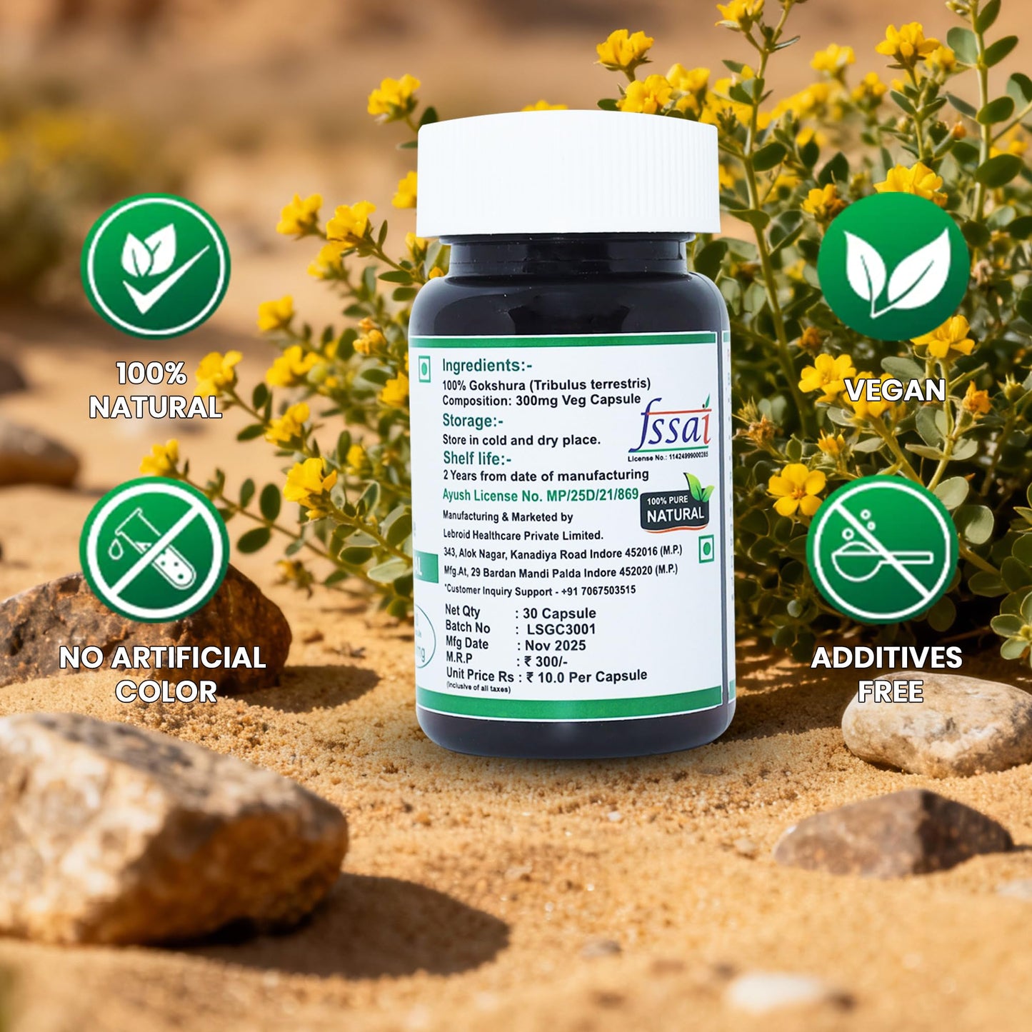 Lebrostone Gokshura Capsules-30| Strength, Vitality & Stamina Support | Pure Ayurvedic Tribulus Supplement – Capsules