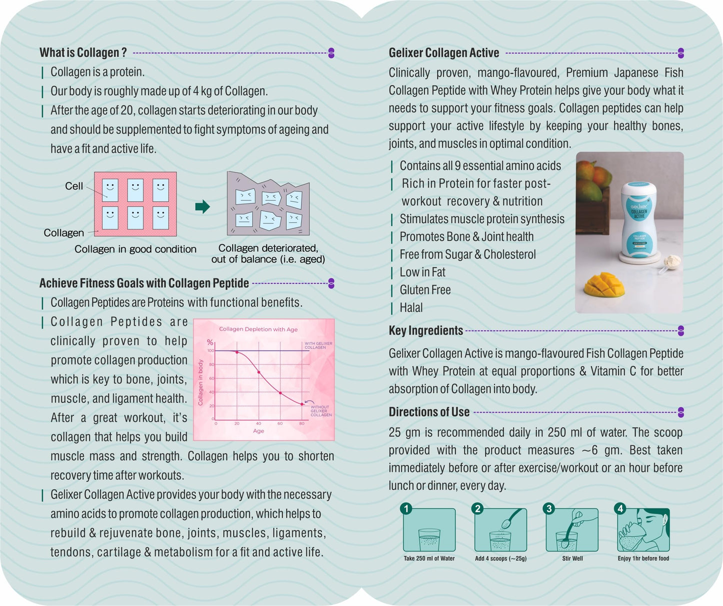 GELIXER Collagen Active (250 gm), Japanese Marine Collagen Peptide with Whey Protein (Mango Flavored) Rich In Protein for Active Lifestyle, Fitness & Glow