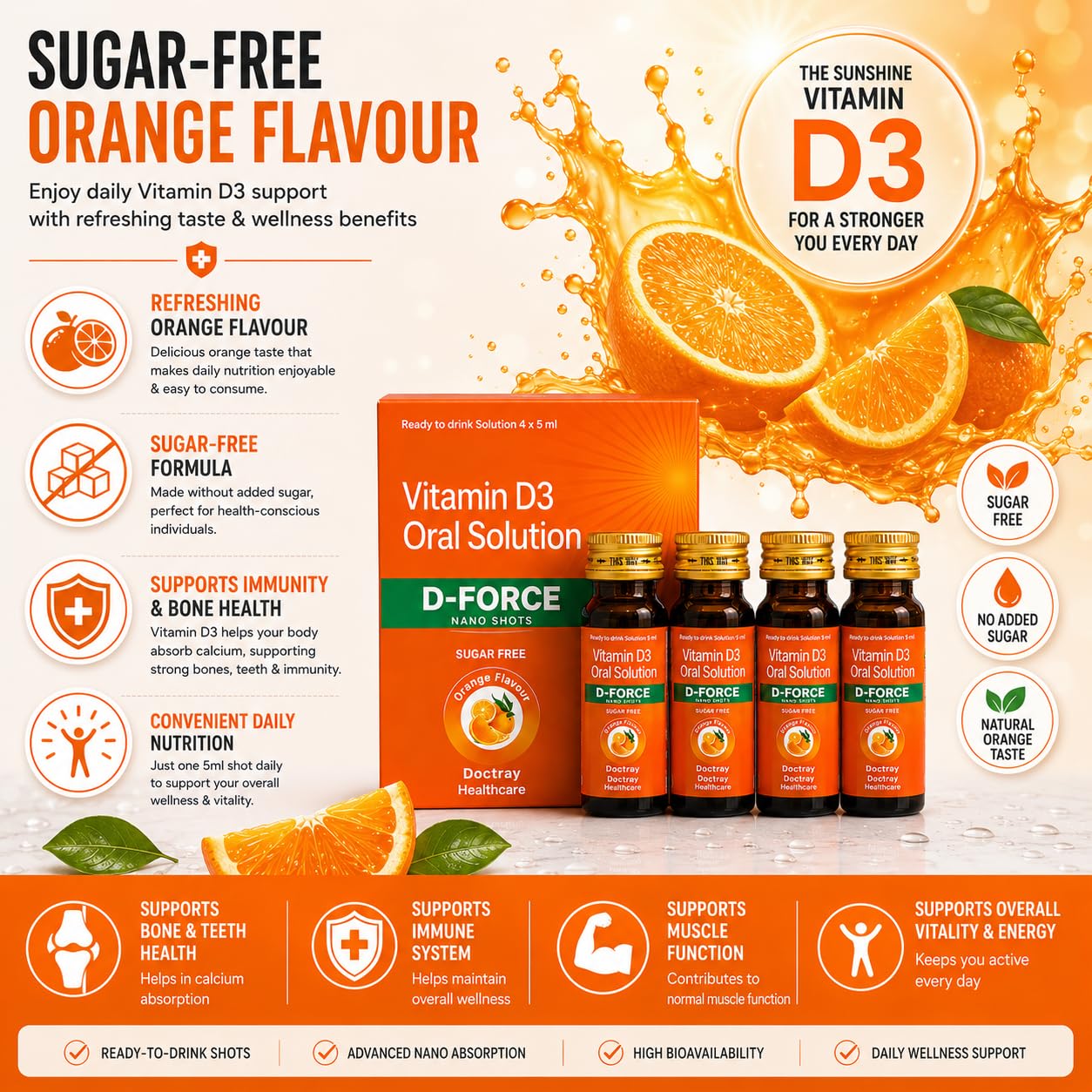 Docttray Healthcare D-Force Vitamin D3 Oral Solution Nano Shots, 4 x 5 ml | Sugar Free Orange Flavour Ready-to-Drink Liquid Nutritional Supplement - Pack of 1