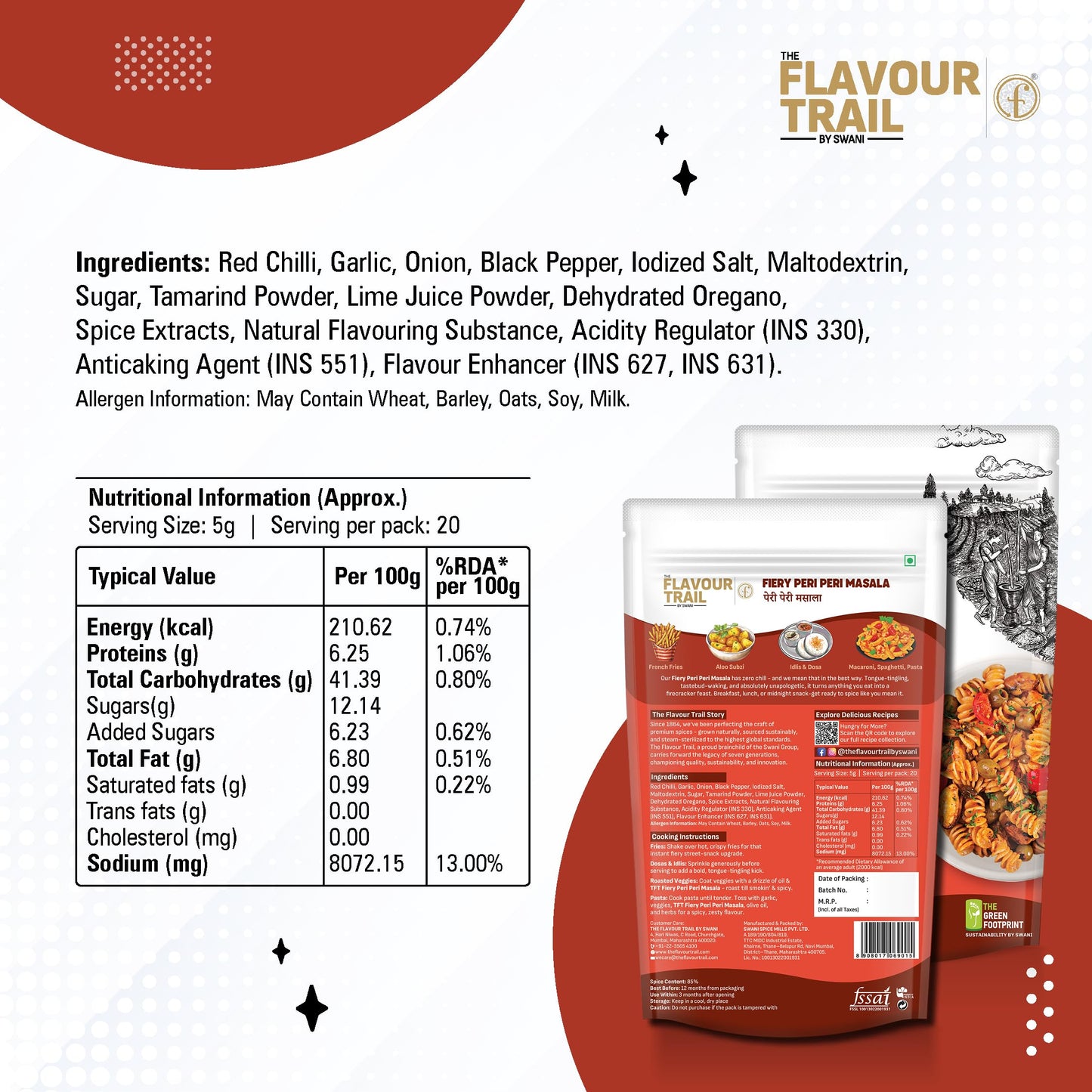 Pure & Natural - Fiery Peri Peri Masala 100g | Spicy Peri Peri Seasoning | No Preservatives | No Artificial Colours | Natural Ingredients | For Fries, Chicken, Popcorn