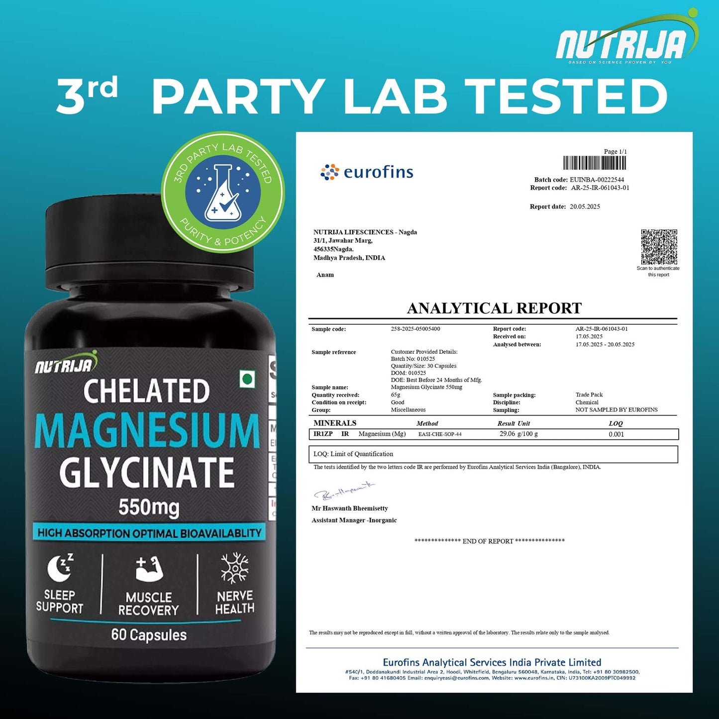 NutriJa Magnesium Glycinate 550mg | 121mg Elemental Magnesium | Chelated Magnesium Supplement for Sleep, Relaxation, Muscle & Nerve Support | 60 Vegetarian Capsules