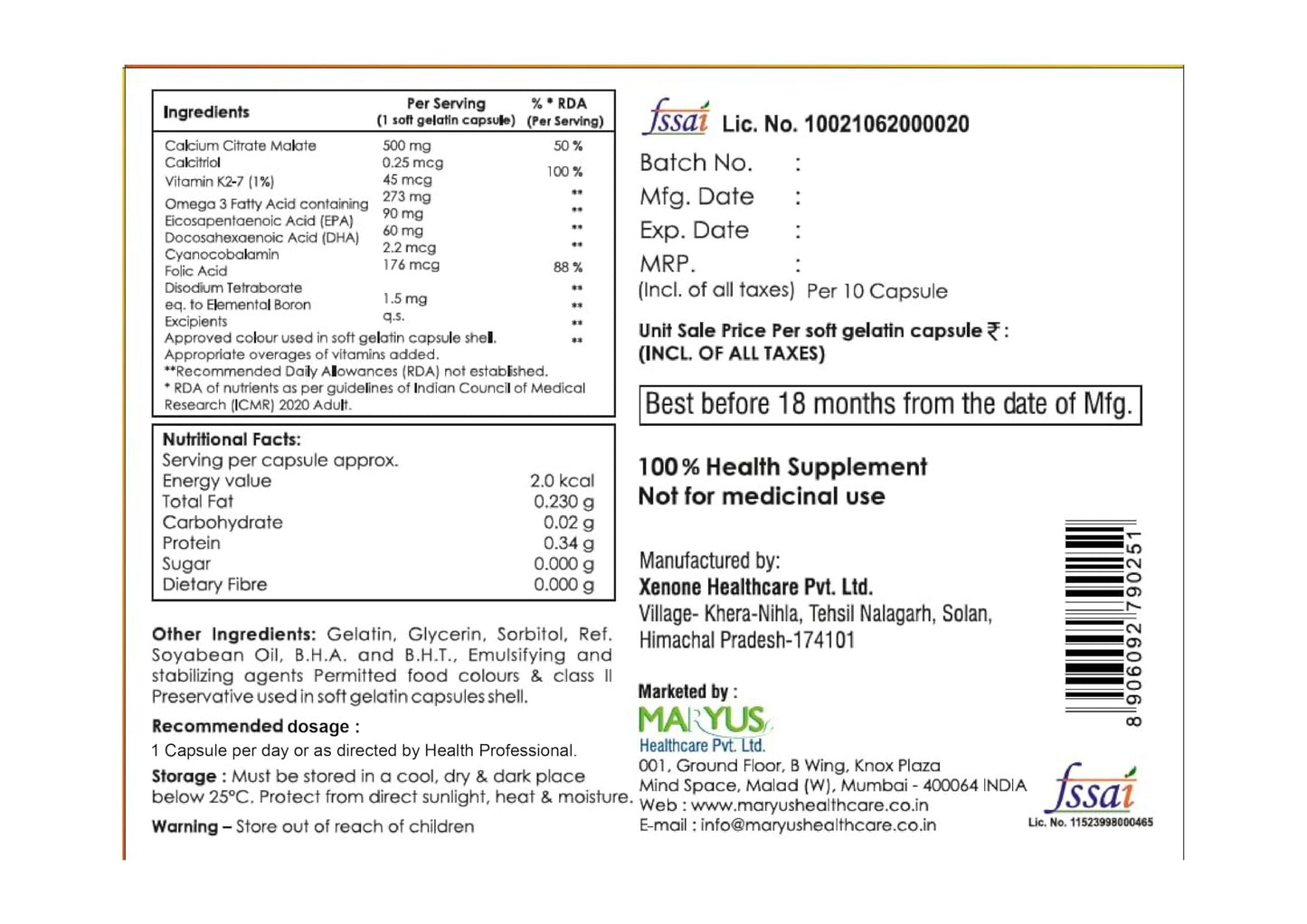 MARYCIUM - Calcium citrate malate, Calcitriol, Vitamin K2-7, Omega 3 fatty acid, DHA, Cyanocobalamine, Folic acid & Boron Soft gelatin capsules