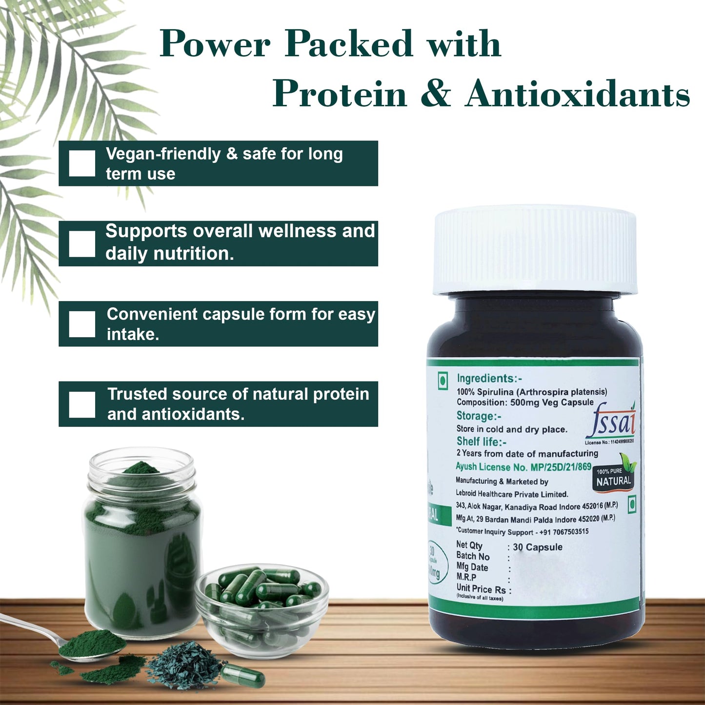 Lebrostone Spirulina Capsules – 30 Veg Capsules | Natural Superfood & Antioxidant | Detox, Boosts Energy, Immunity, Heart & Liver Healt.