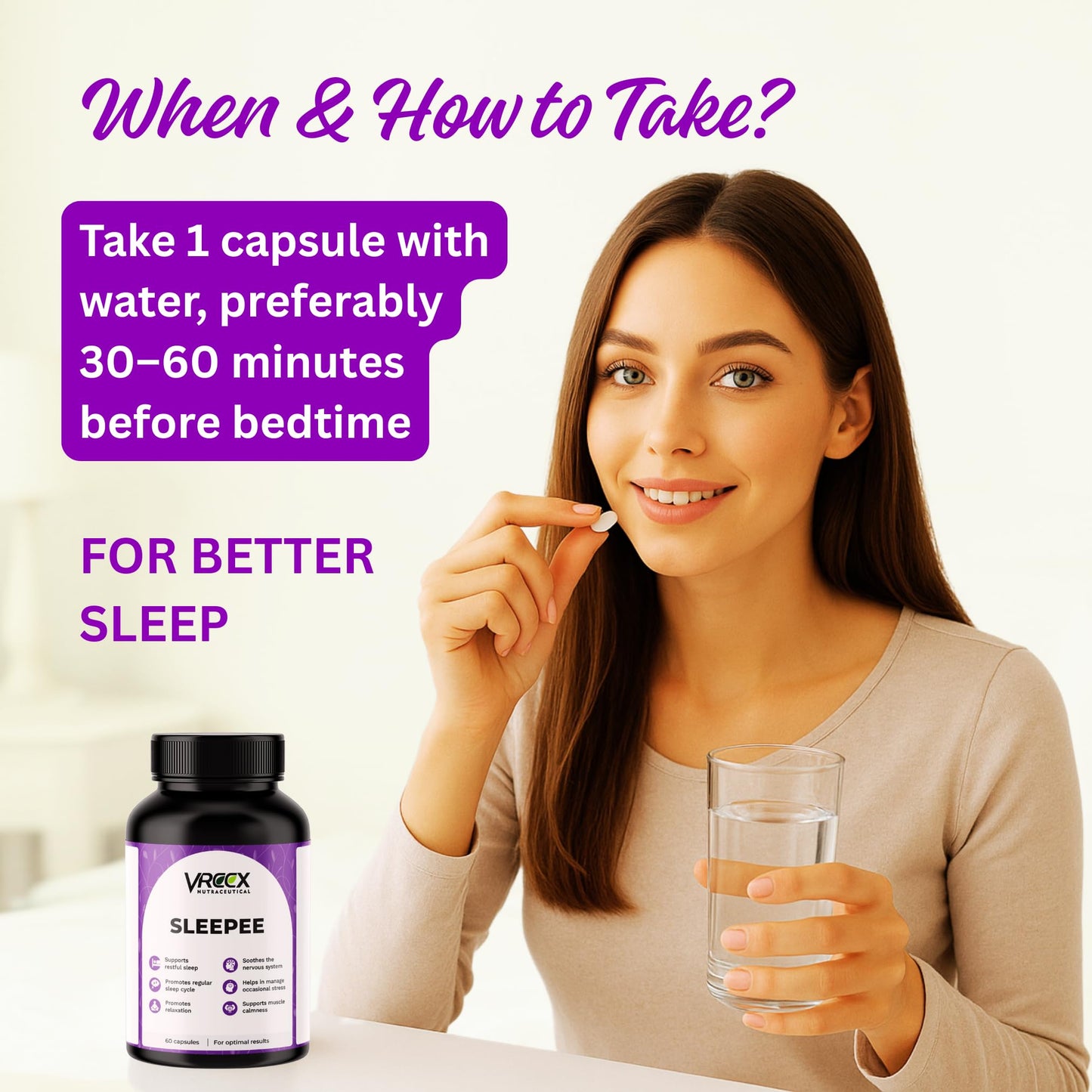VREEX SLEEPEE with Natural Ingredients Melatonin, Valerian Root, Chamomile, L-Theanine & Magnesium Bisglycinate – Relax & Sleep Support (60 Veg Capsules)