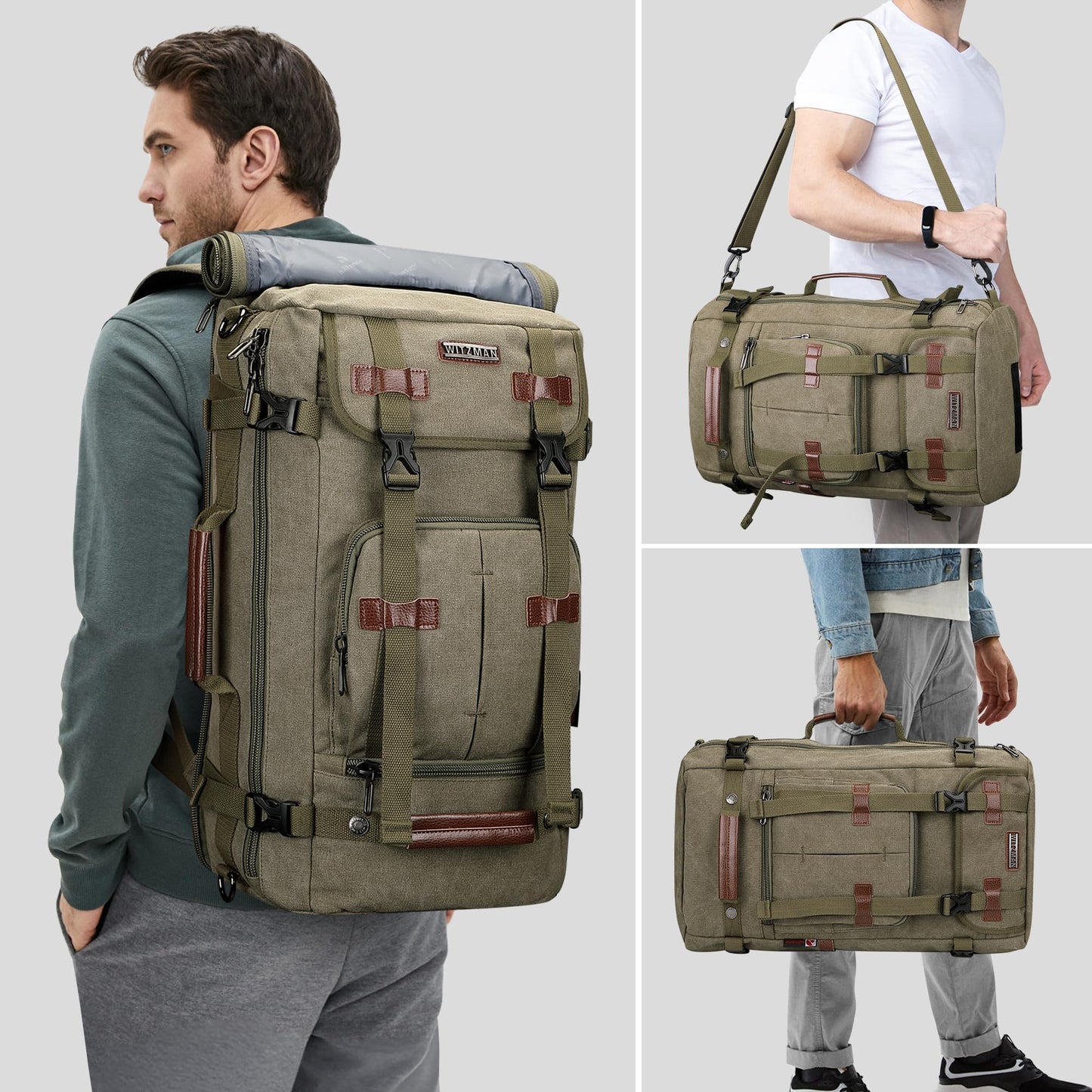 WITZMAN Canvas Backpack for Man Vintage Travel Backpack Large Laptop Backpack Convertible Shoulder Rucksack(A519-2 Army Green)