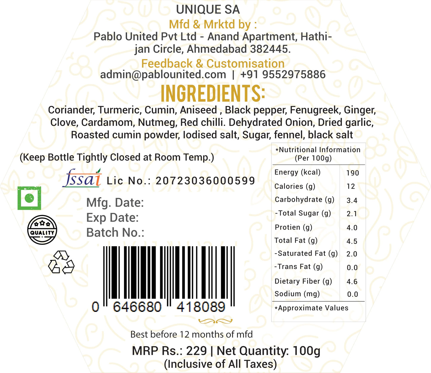 Unique Sa Maggie Masala - Organic Spices For Multipurpose Seasoning - Tastemaker (100 gm)