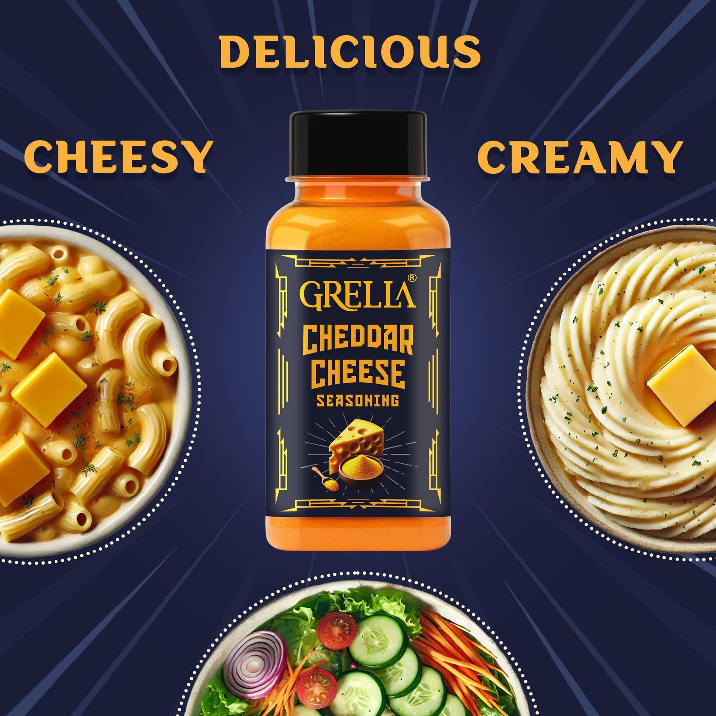 GRELLA Cheddar Cheese Powder for Popcorn |125 g | cheese pop corn seasoning masala for Pasta, Pizza, French Fries, Biryani, chicken, Mac and Cheese, French Fries, Taco, Makhana, Omelets