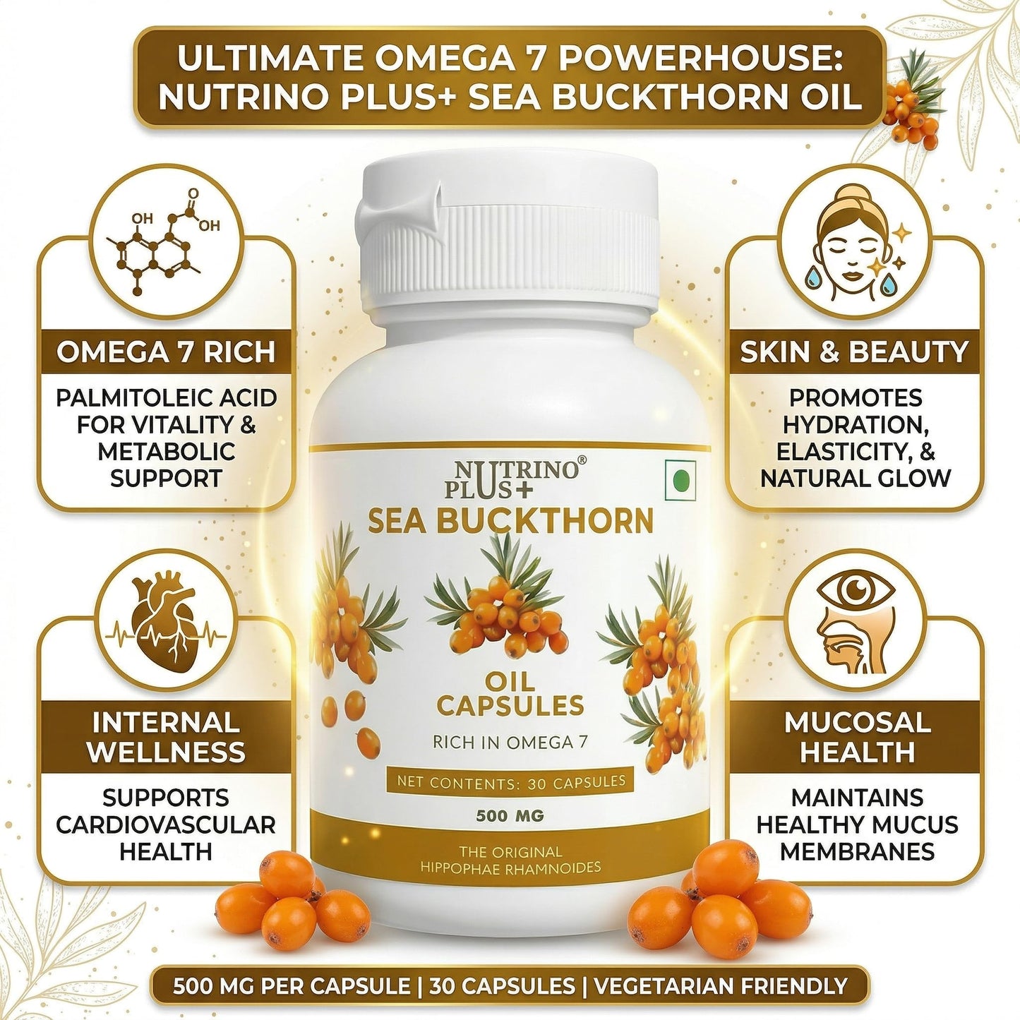 Hippophae Rhamnoides Oil Capsules 500mg | Natural BPH & Urinary Flow Support | Sea Buckthorn Extract | Complete Omega 3 6 7 9 | Prostate Supplement for Men | 30 Softgels