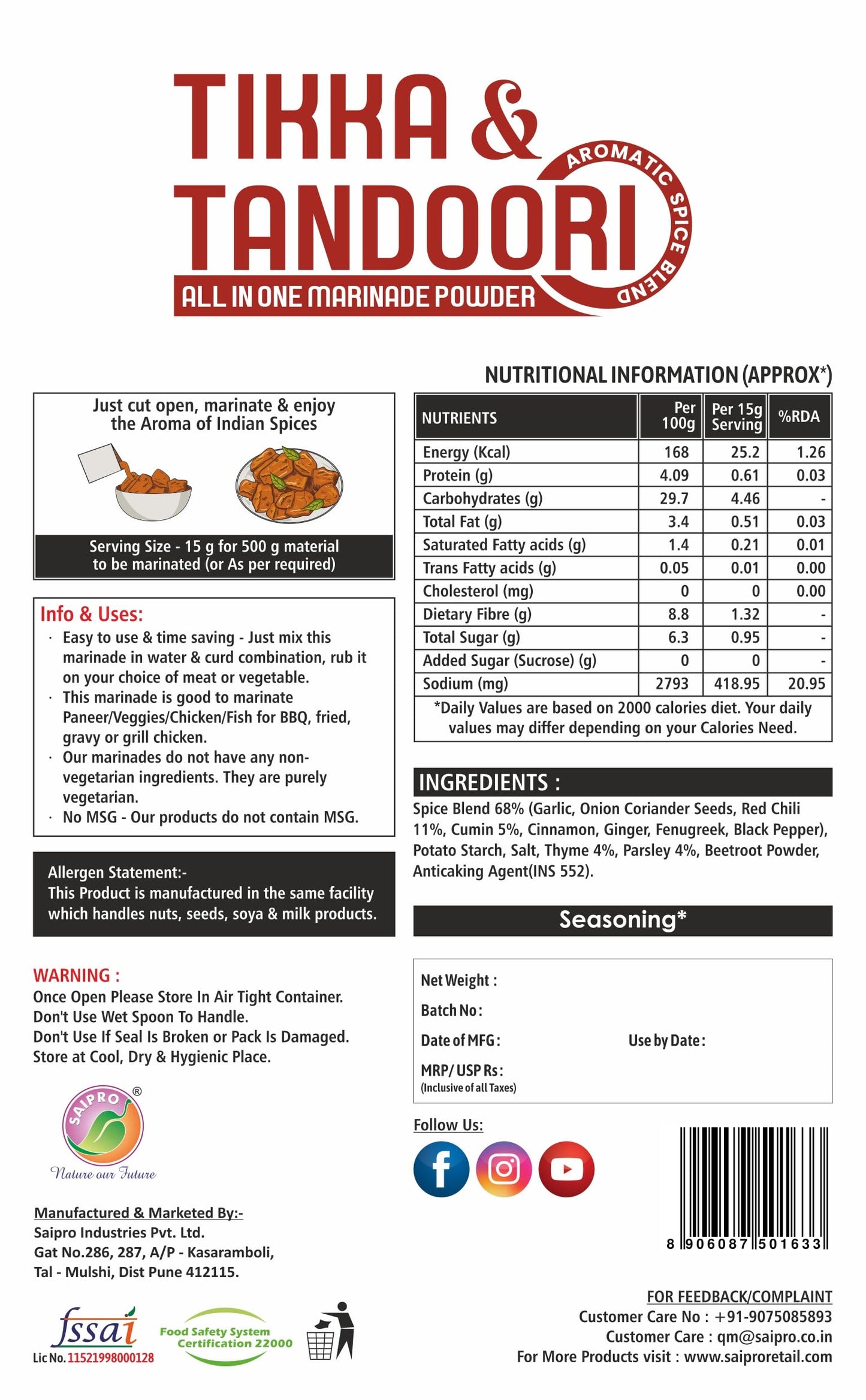 EATERY HARVEST by Saipro Tikka & Tandoori All in ONE Marinade Powder 200 gm, malai tandoori tikka masala powder Ready To use For Marination, Seasonings| Spice Rubs |Spice Premixes| Aromatic spice mix, No added preservatives, No added color, No added sugar