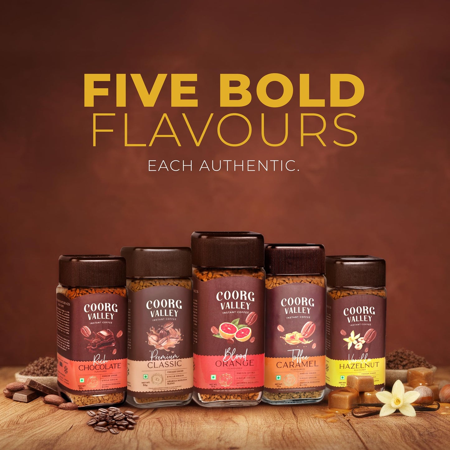 Coorg Valley Vanilla Hazelnut Instant Coffee 50g | Flavoured Coffee | Premium Blend of Robusta & Arabica | Freeze Dried | Make Café Style Hot & Cold Coffee at Home