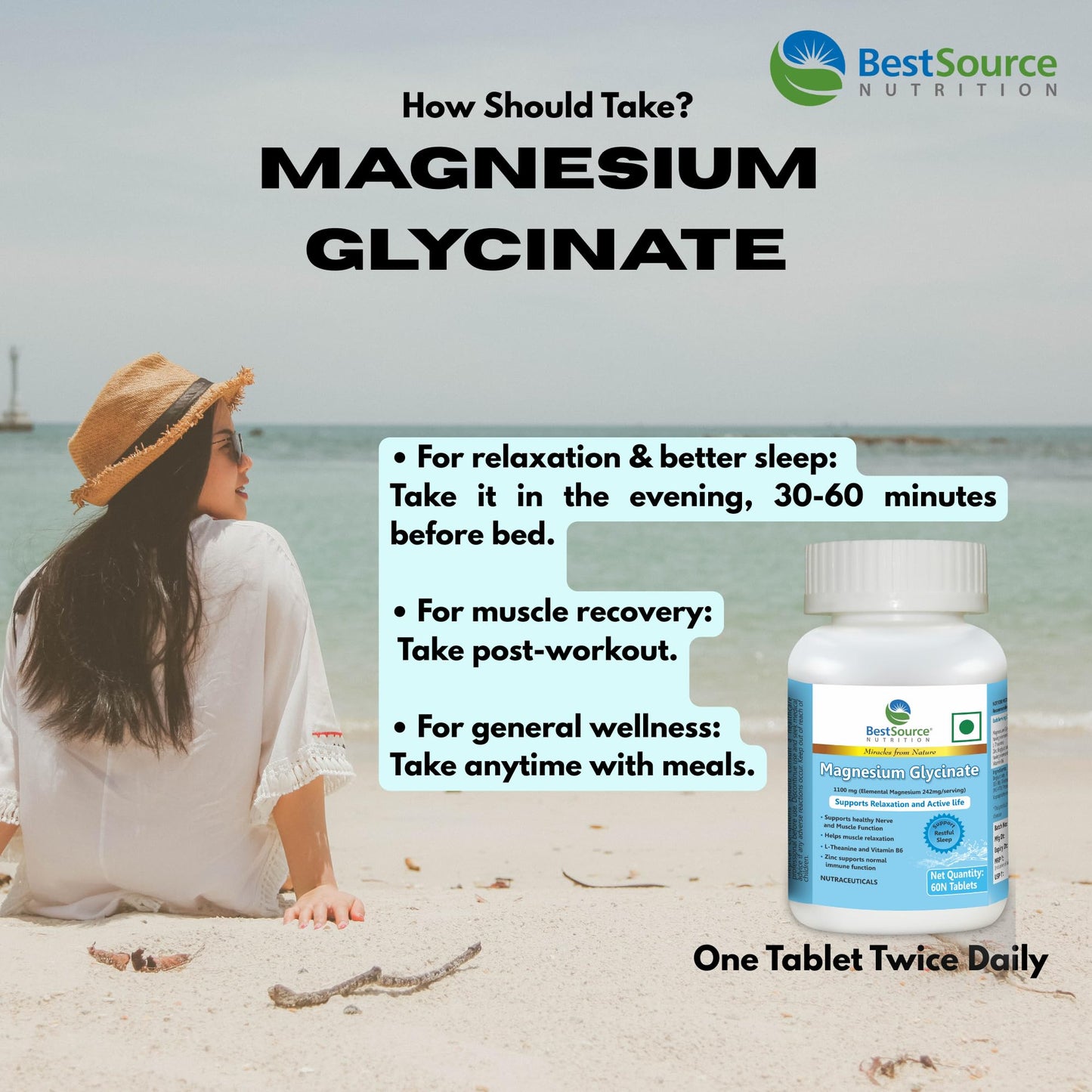 BestSource Nutrition's Magnesium Glycinate with L-Theanine, Zinc & Vitamin B6 | High Absorption Magnesium for Muscle Relaxation, Cramps, Sleep, & Nerves Support | Vegetarian Supplement|60 tablets