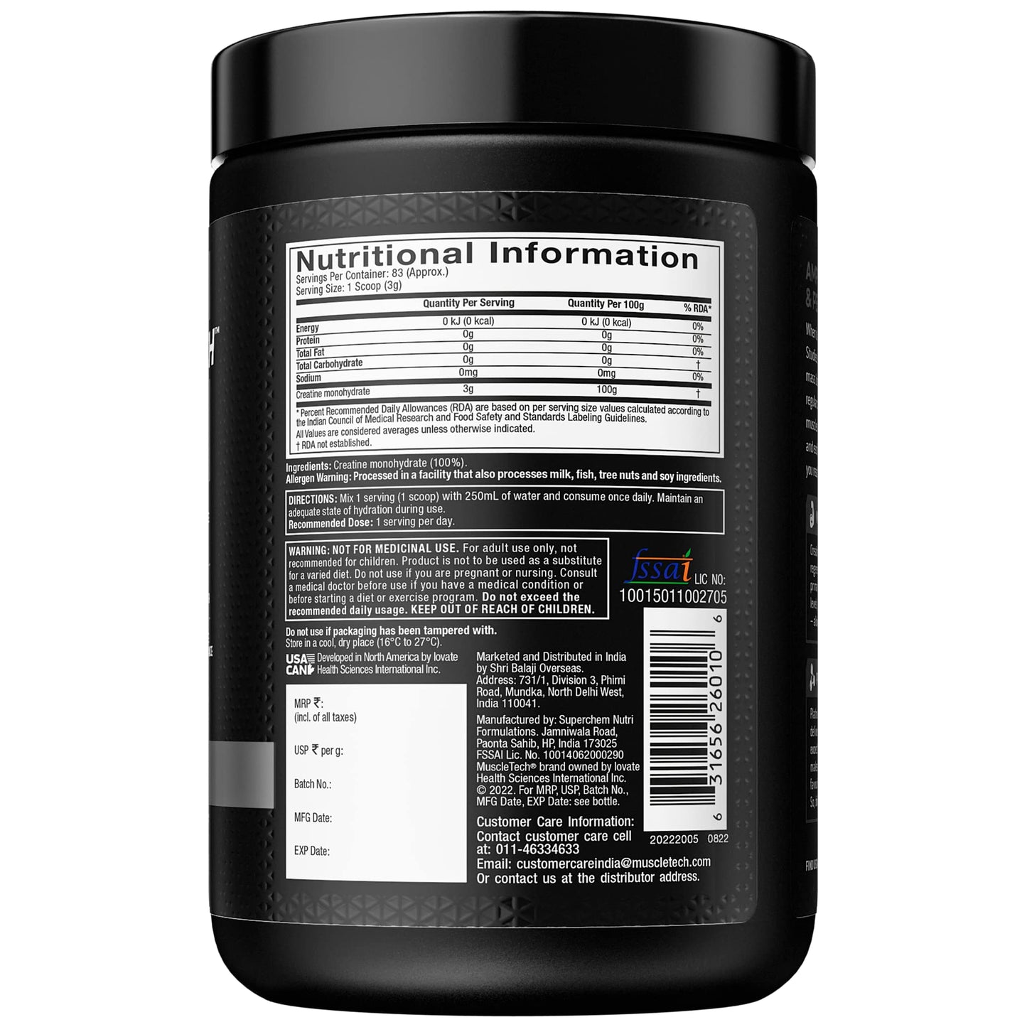 MuscleTech Platinum 100% Creatine Powder (Unflavoured - 250 Gram,83 Serves),Scientifically Researched to Build Muscle - Increase Muscle Power,Boost Strength & Enhance Performance,1 count,83 servings