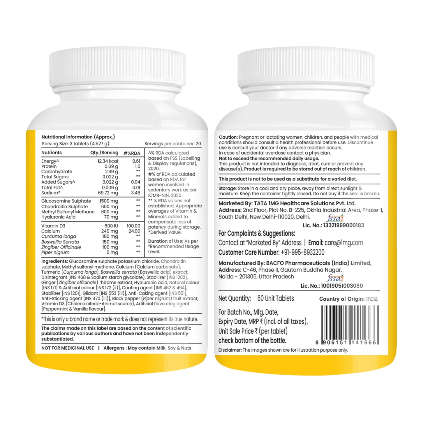 Tata 1mg Joint Support Advanced Tablet with Glucosamine, MSM, & Chondroitin, For Men & Women, Pack of 60 Tablets