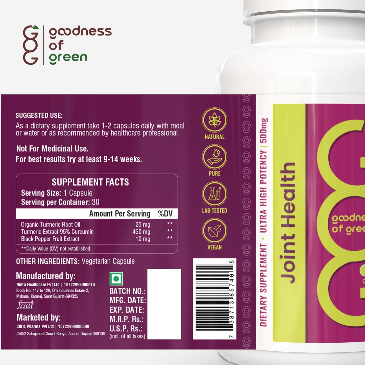 Goodness Of Green Joint Health Supplement, For Joint Support, Reduces Inflammation & Stiffness, Turmeric & Black Pepper Extract, Herbal Capsules Grown in Right Soil, 30 Veg Capsules