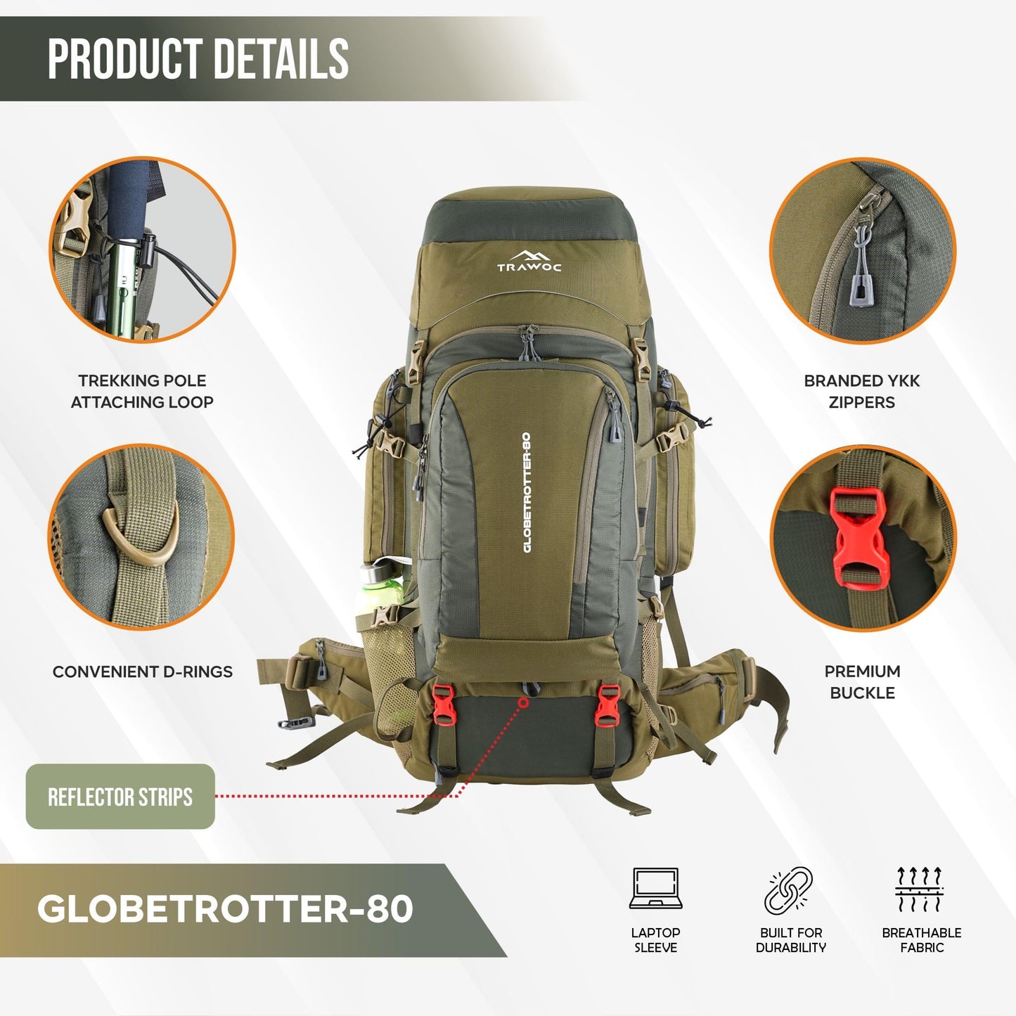 TRAWOC GLOBETROTTER 80 Liter (70+10) Internal Metal & Fiber Frame Rucksack Bag for Men & Women Trekking, Hiking Travel Backpack with Detachable Daypack, Rain Cover and Shoe Compartment, Olive Green