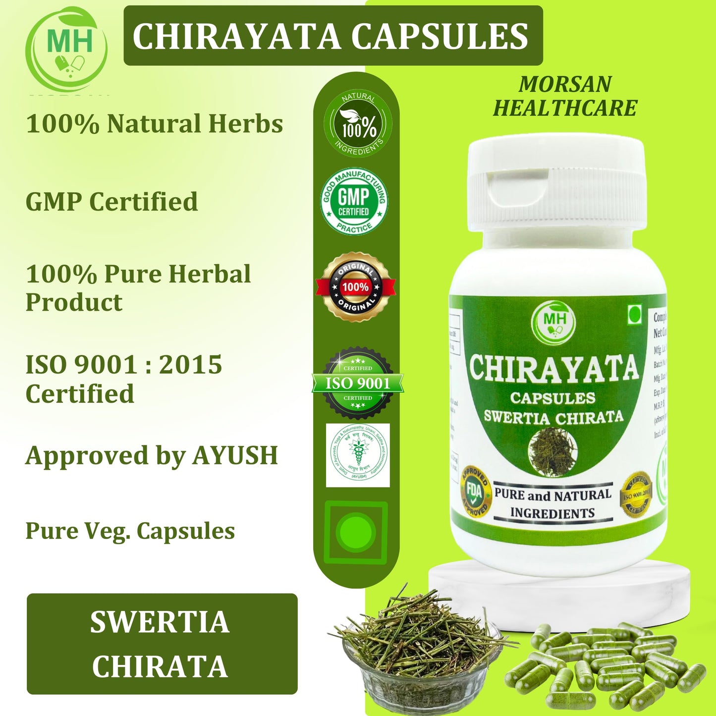 MORSAN HEALTHCARE Chirata herb capsules 500 mg – 60 Veg Capsules | Swertia Chirata Extract | Plant-Based Herbal Supplement | Vegan & Gluten-Free (PACK OF 2)