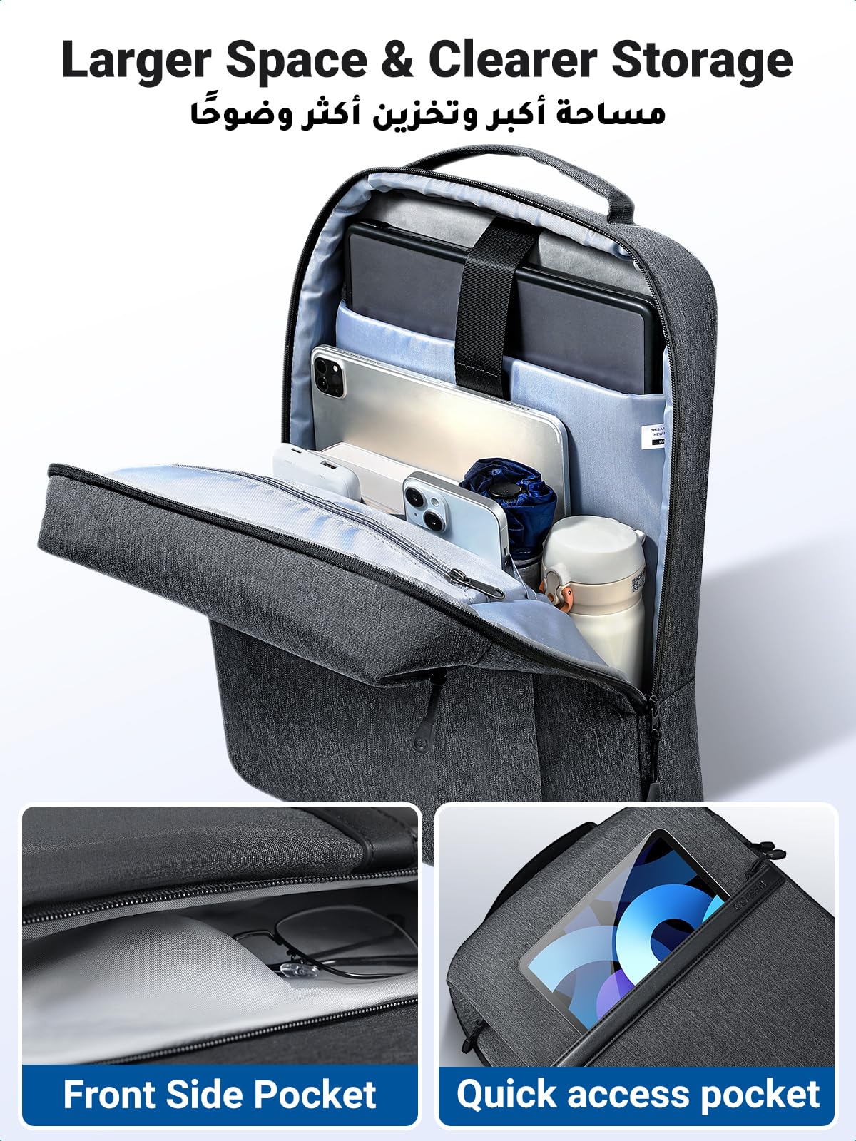 UGREEN Laptop Backpack 15.6'' School Backpack 【Large Capacity】 Ergonomic Travel Laptop Backpack for Men and Women 【Shockproof & Waterproof】 BookBag for College Laptop Bag Fit For Laptops Up to 15.6'', Grey, 37*28.5*11cm