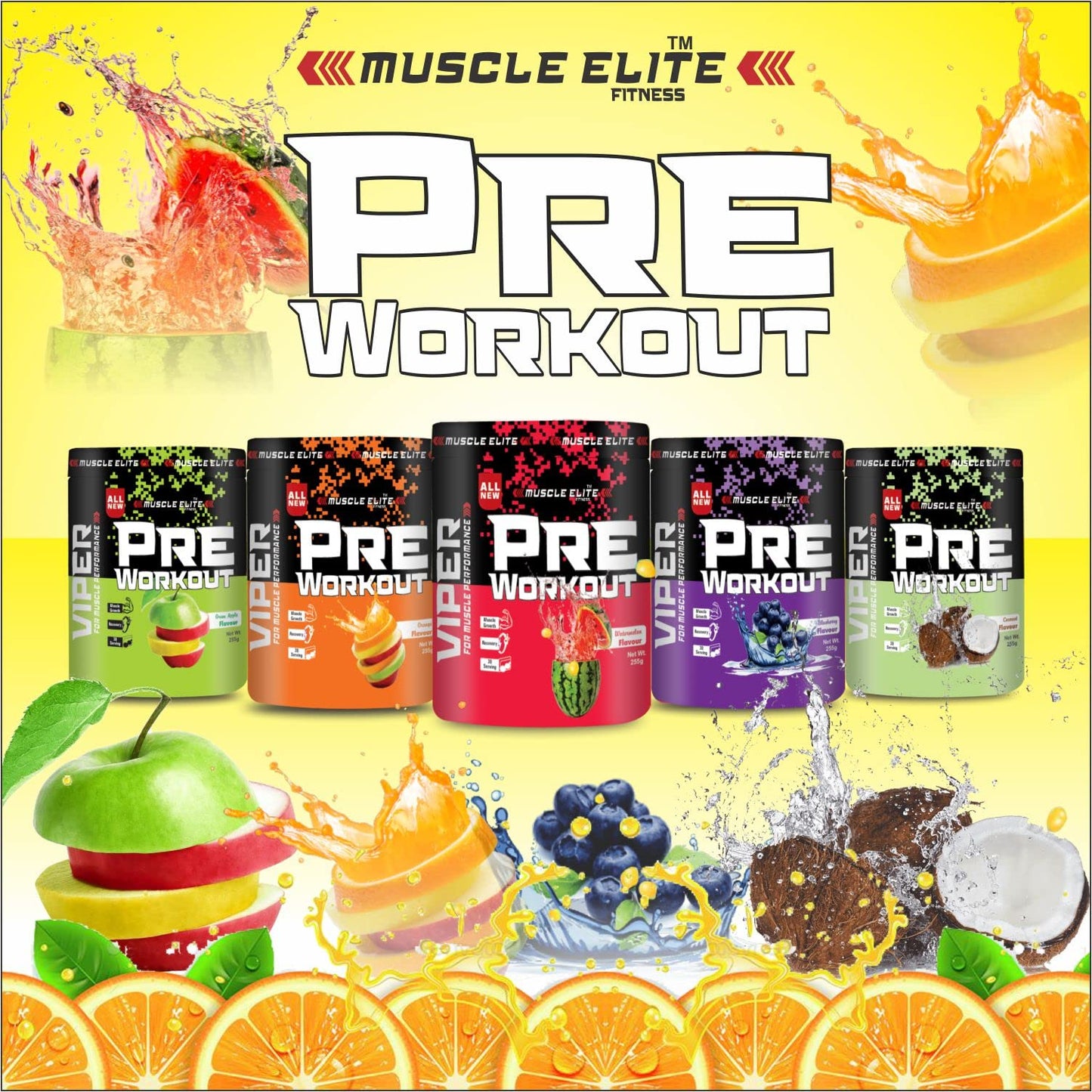 MUSCLE ELITE FITNESS Pre Workout Body Supplement – 255g, Watermelon Flavour