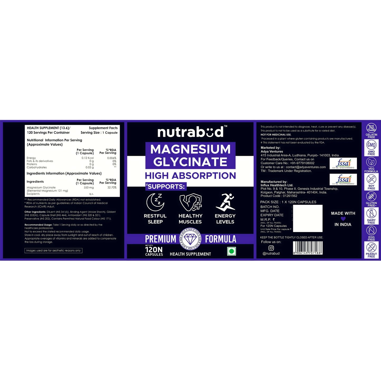 Nutrabud Magnesium Glycinate Supplement - 120 Vegetable Capsules - 550mg for Men, Women | High Absorption Chelated Form for Healthy Muscles, Nerves & Better Sleep (120 Count (Pack of 1))