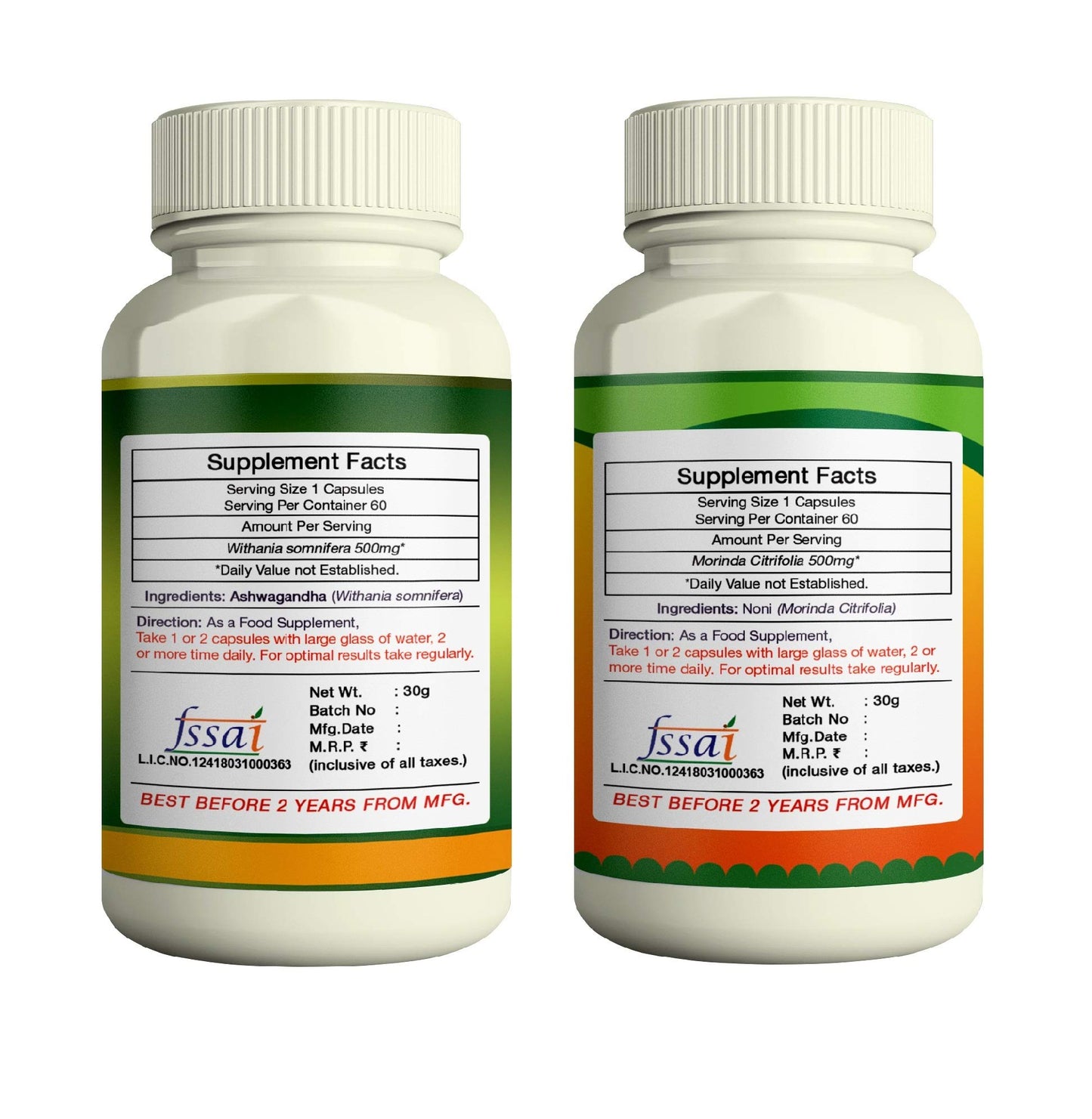 ERBZENERG® Ashwagandha (Withania somnifera) 60 Capsules and Noni (Morinda citrifolia) 60 Capsules (Pack of 1)