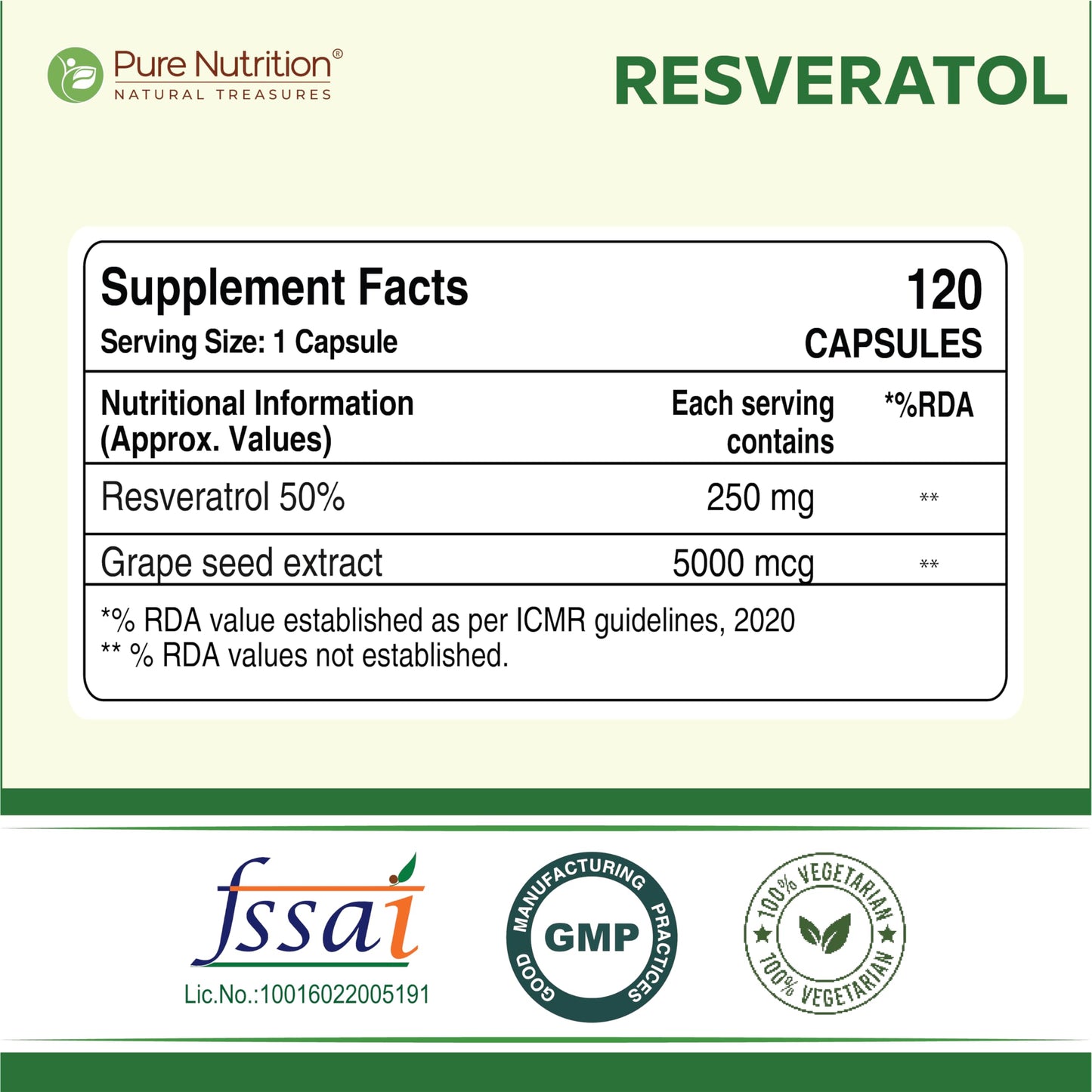 Pure Nutrition Resveratrol 255mg - 120 Veg Capsules | Powerful Antioxidant for Anti-Aging, Heart Health & Immunity | With Grape Seed Extract for Skin Radiance, Cellular Health & Healthy Aging | Supports Joint & Brain Function