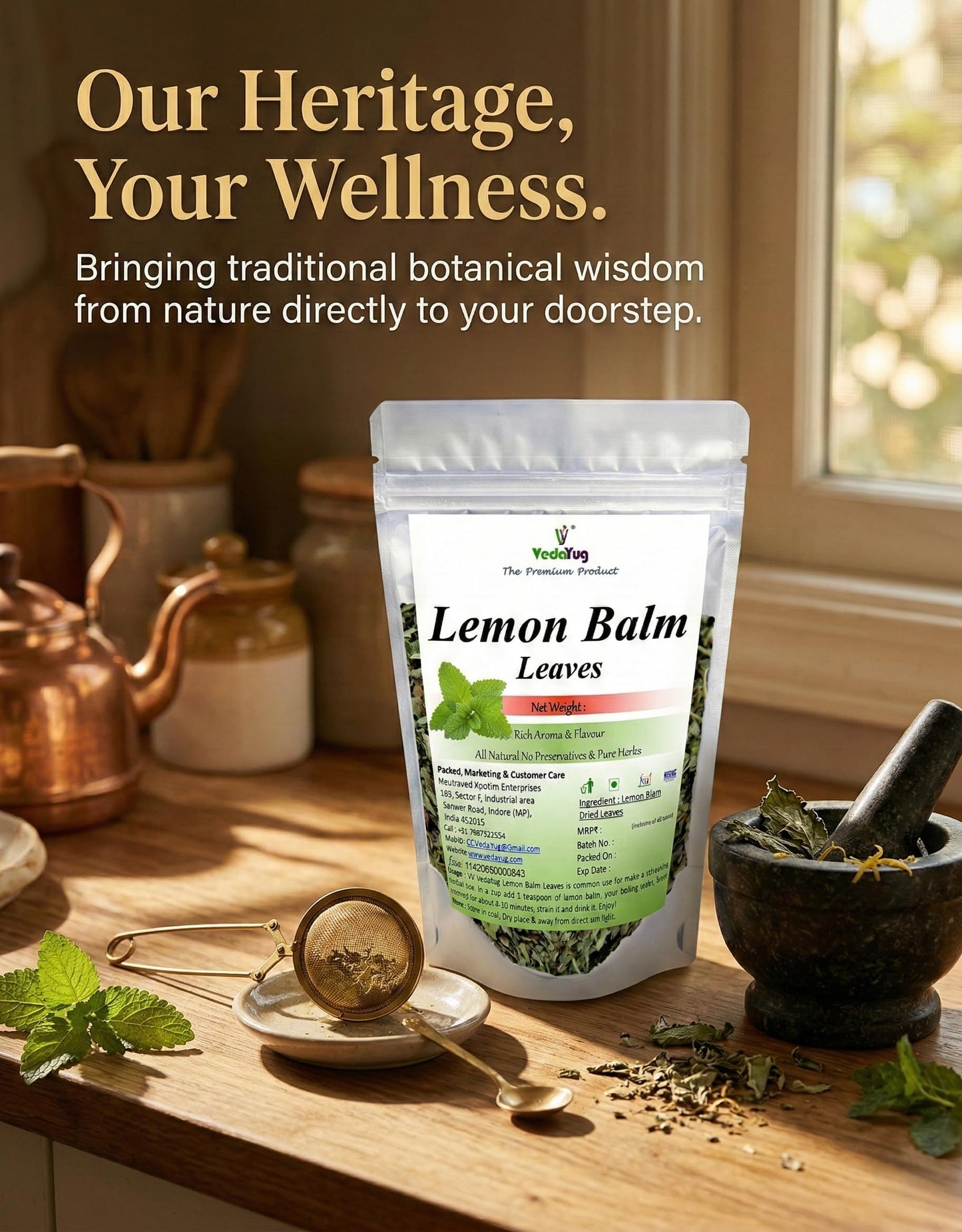 VY VedaYug Lemon Blam Tea 100gm (100+ Cups) | Improves Digestion | Relives Stress | Caffine Free Lemon Balm Leaves -100gm