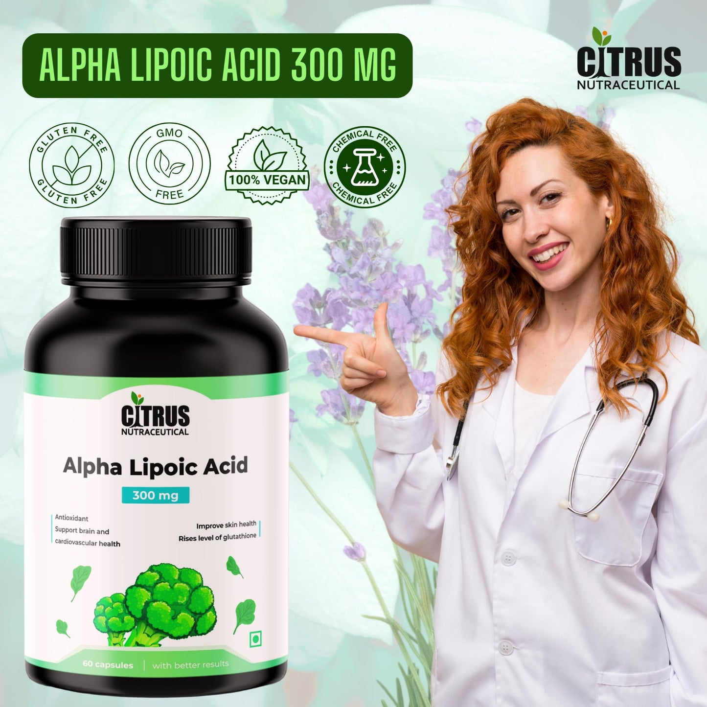 CITRUS NUTRACEUTICAL Alpha Lipoic Acid 300 mg, Glucose metabolism, Support Liver, Skin, Brain, Nervous System Health- 60 Capsules