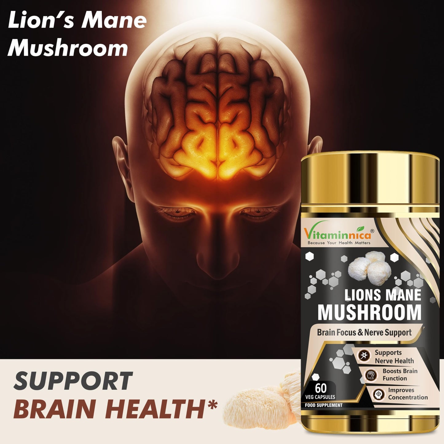 Vitaminnica Lion's Mane Mushroom 500mg- 60 Vegan Capsules | Nootropics for Brain Health & Focus
